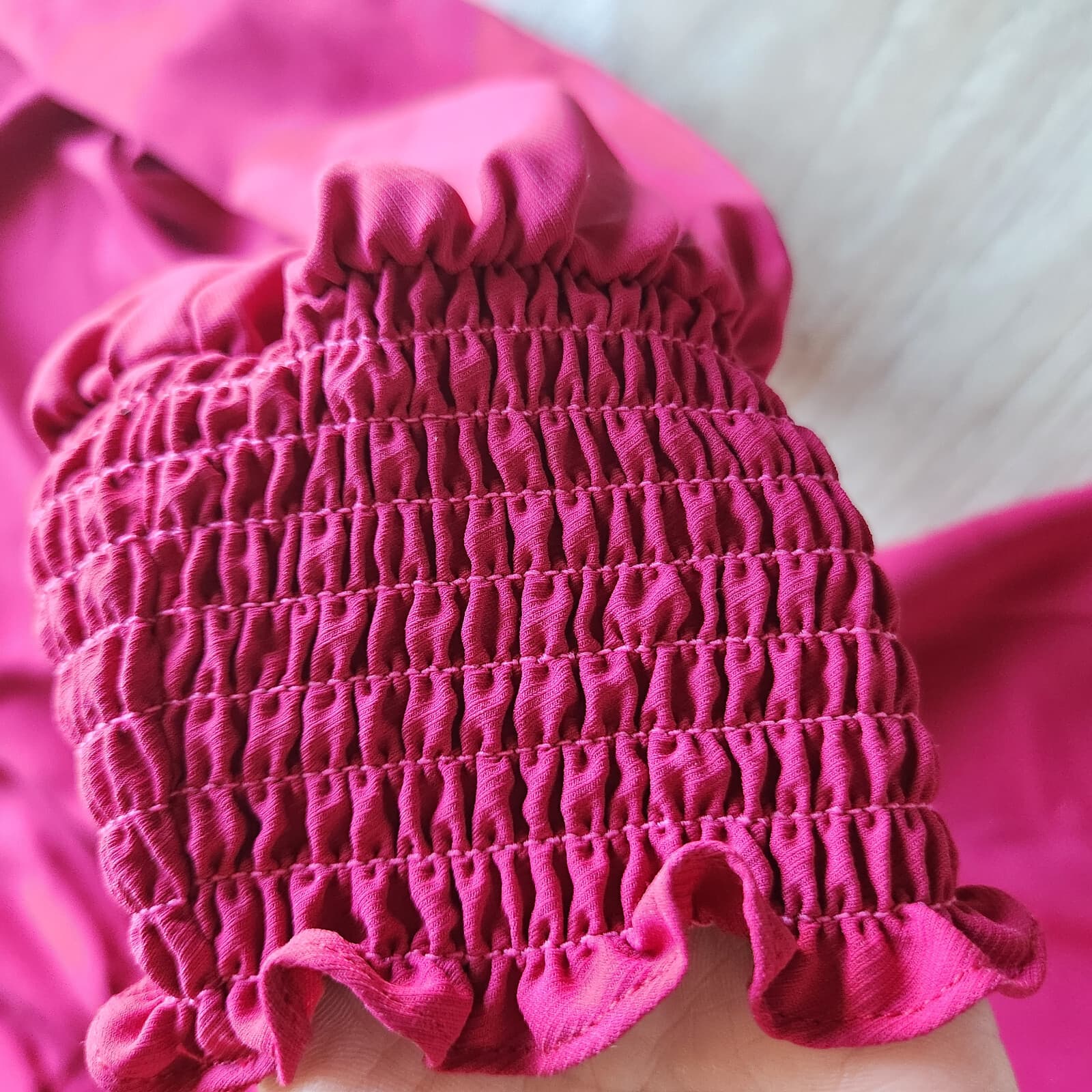 AMANDA UPRICHARD Smocked Waist Mini Dress Key-Hole Long Sleeve Chiffon Pink Sz.L - Thumbnail 6