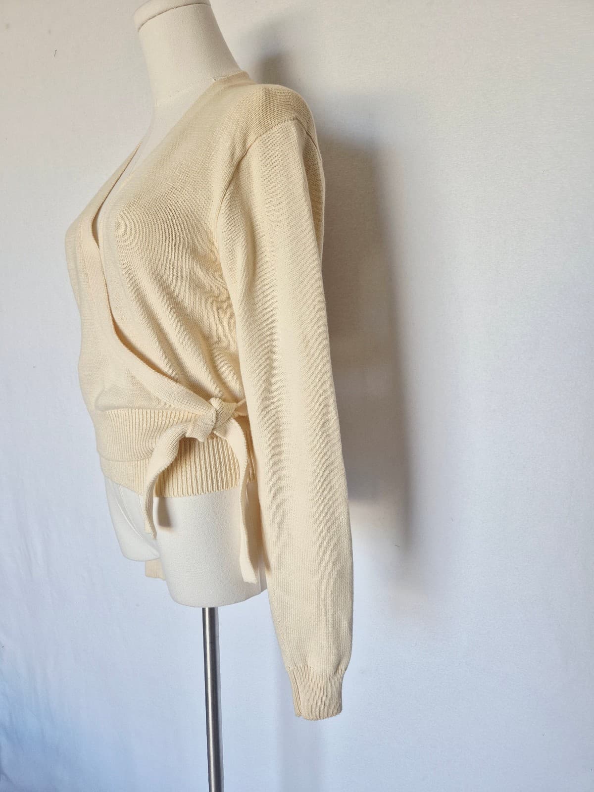 Vintage Ralph Lauren Blue Label Cream 100% Cotton Cropped Wrap Sweater Women's L - Thumbnail 7