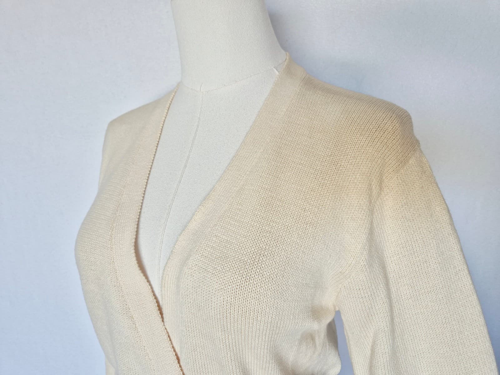Vintage Ralph Lauren Blue Label Cream 100% Cotton Cropped Wrap Sweater Women's L - Thumbnail 6