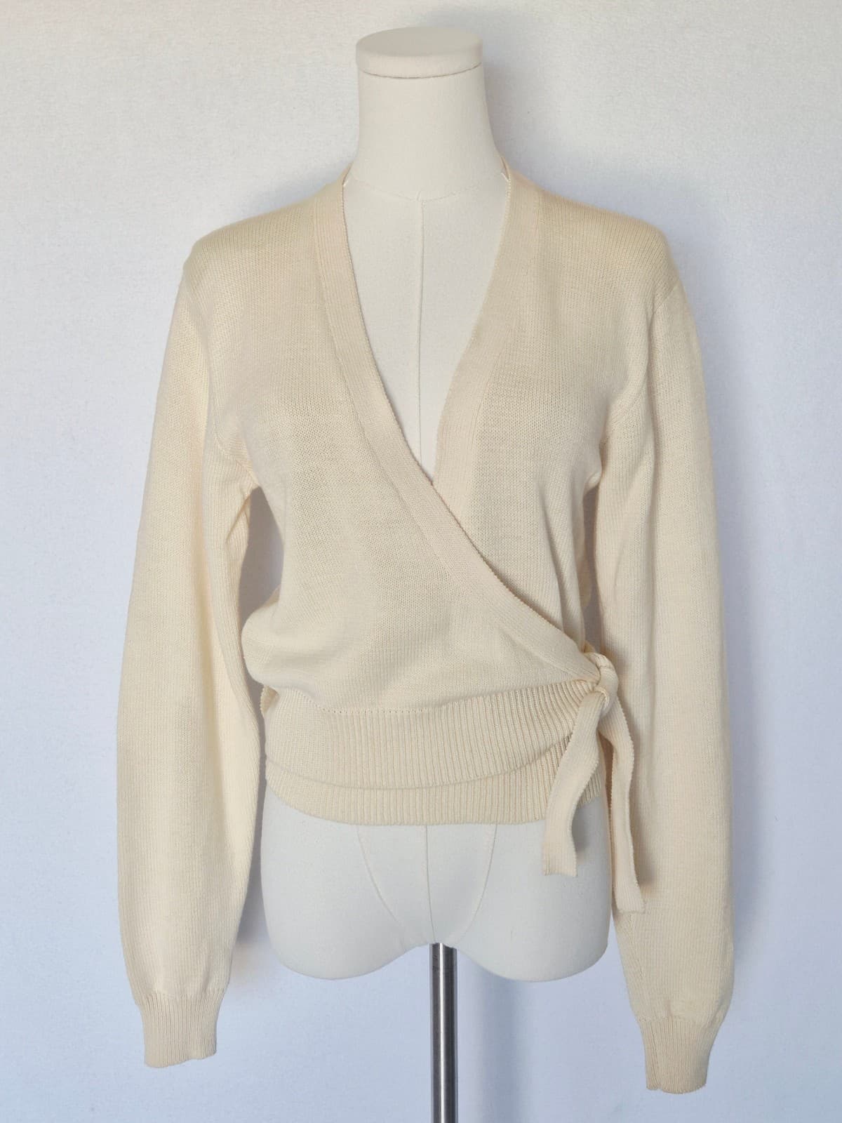 Vintage Ralph Lauren Blue Label Cream 100% Cotton Cropped Wrap Sweater Women's L - Thumbnail 2