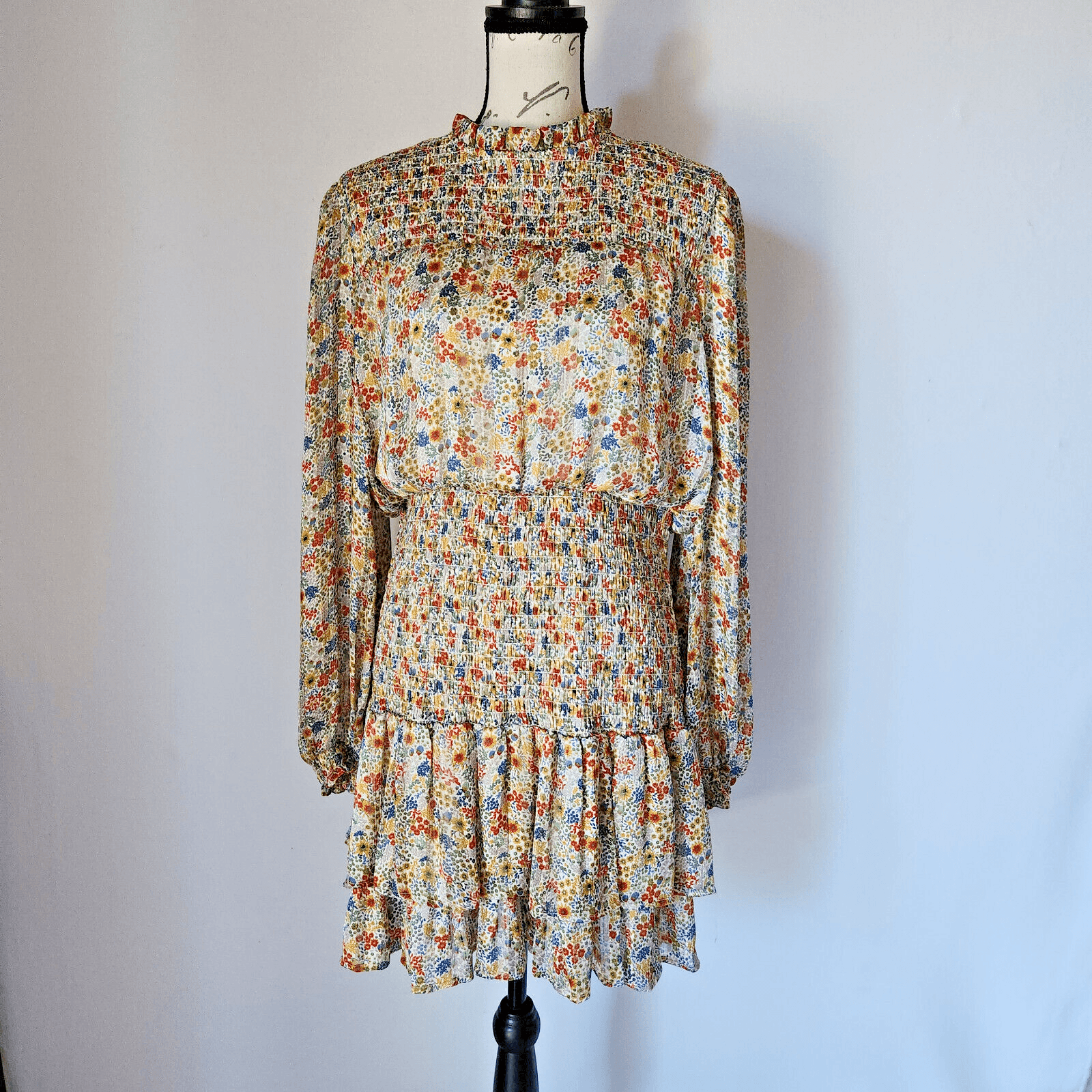 AQUA Allover Floral Romantic Smoked Waist Ruffle Mini Dress Chiffon Yellow Sz.XL - Thumbnail 2