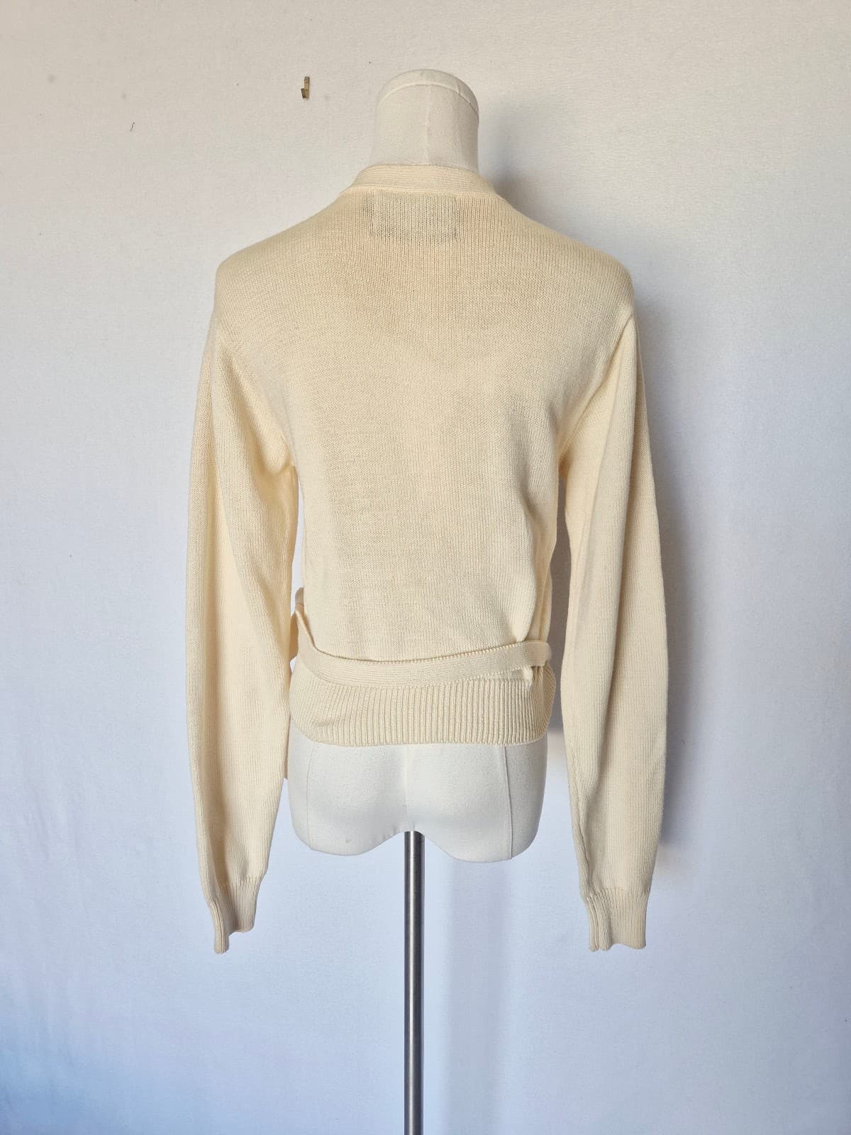 Vintage Ralph Lauren Blue Label Cream 100% Cotton Cropped Wrap Sweater Women's L - Thumbnail 8
