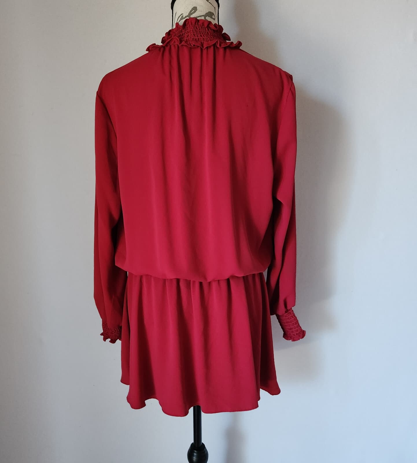 AMANDA UPRICHARD Smocked Waist Mini Dress Key-Hole Long Sleeve Chiffon Pink Sz.L - Thumbnail 4