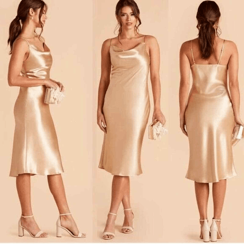 Birdy Grey Lisa Satin Cowl Party Cocktail Midi Slip Dress Shiny Gold Beige Sz.M - Thumbnail 3