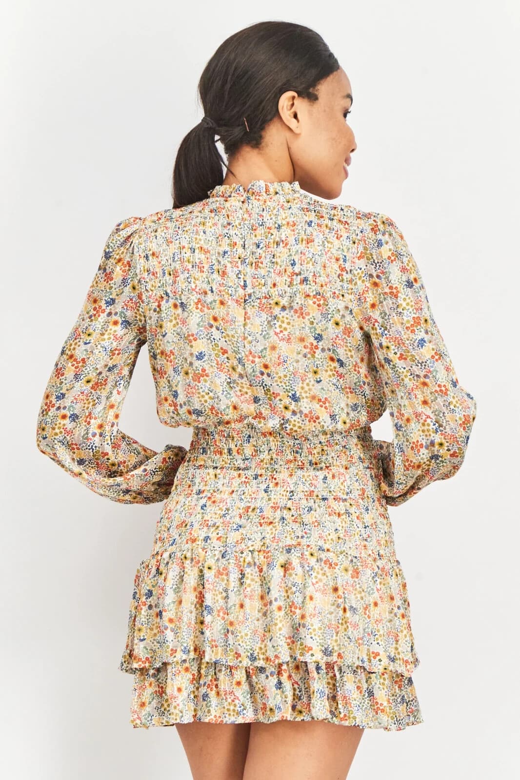 AQUA Allover Floral Romantic Smoked Waist Ruffle Mini Dress Chiffon Yellow Sz.XL - Thumbnail 7