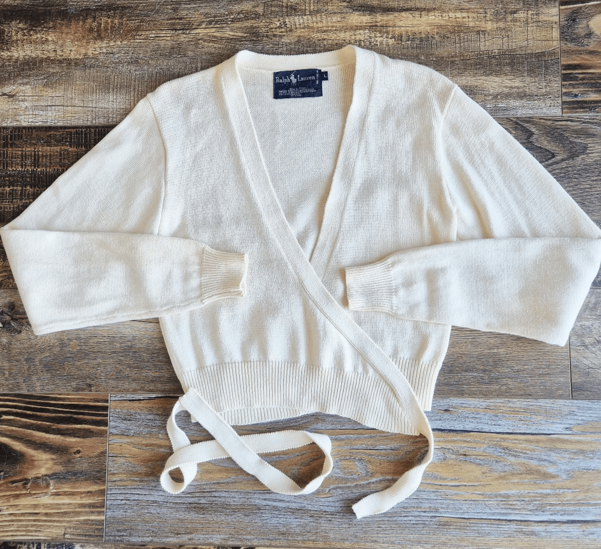 Vintage Ralph Lauren Blue Label Cream 100% Cotton Cropped Wrap Sweater Women's L
