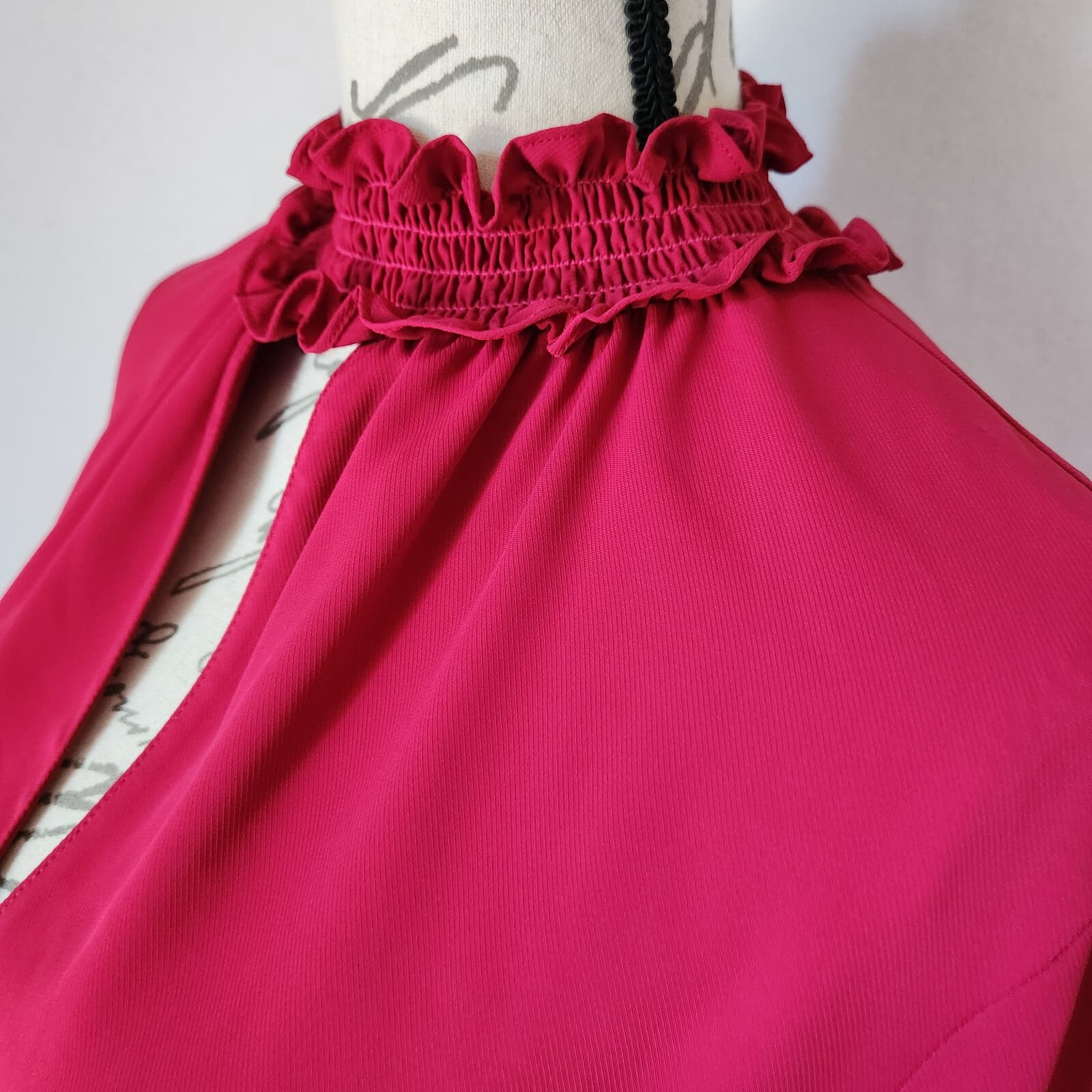 AMANDA UPRICHARD Smocked Waist Mini Dress Key-Hole Long Sleeve Chiffon Pink Sz.L - Thumbnail 3
