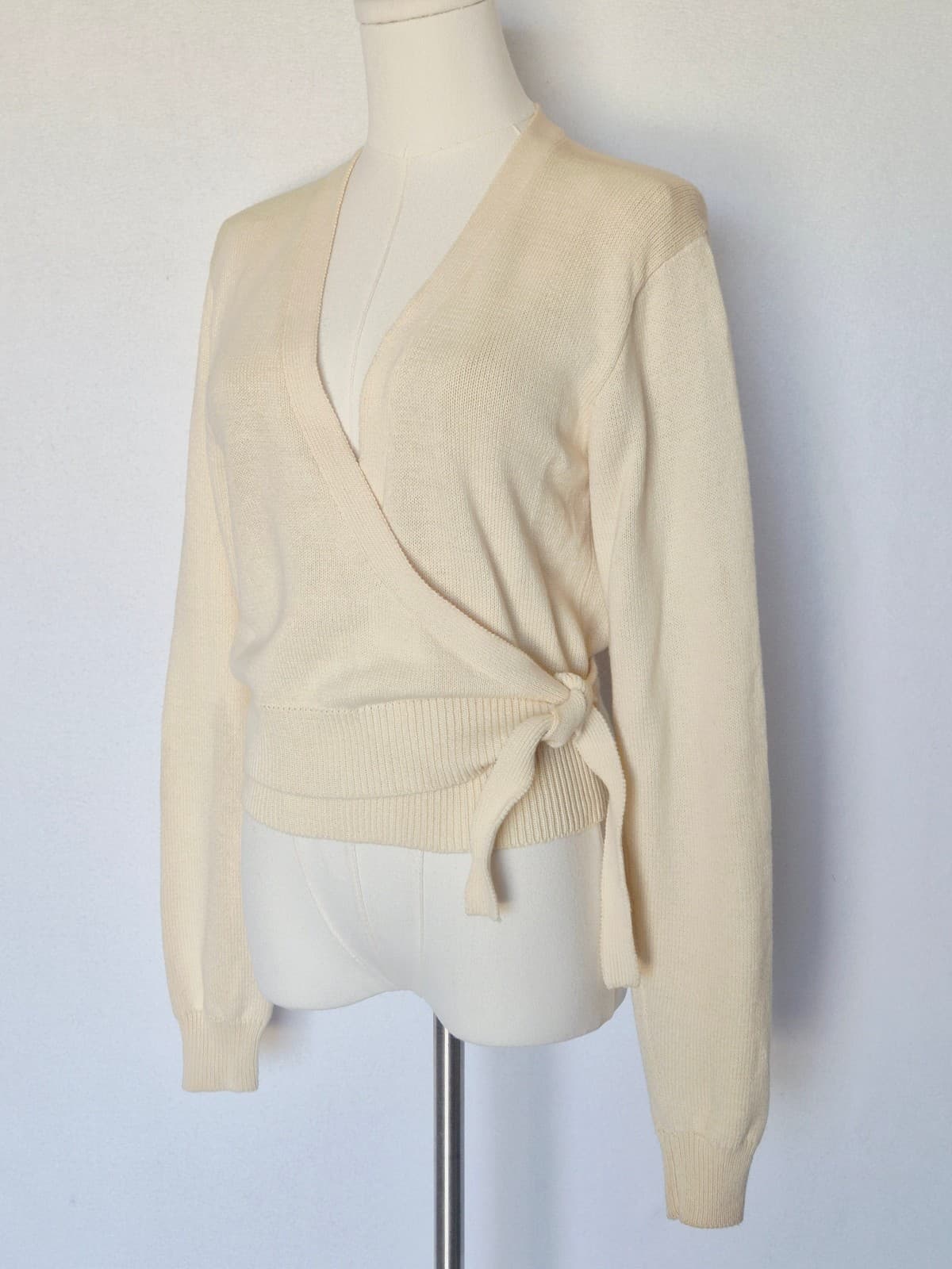 Vintage Ralph Lauren Blue Label Cream 100% Cotton Cropped Wrap Sweater Women's L - Thumbnail 3