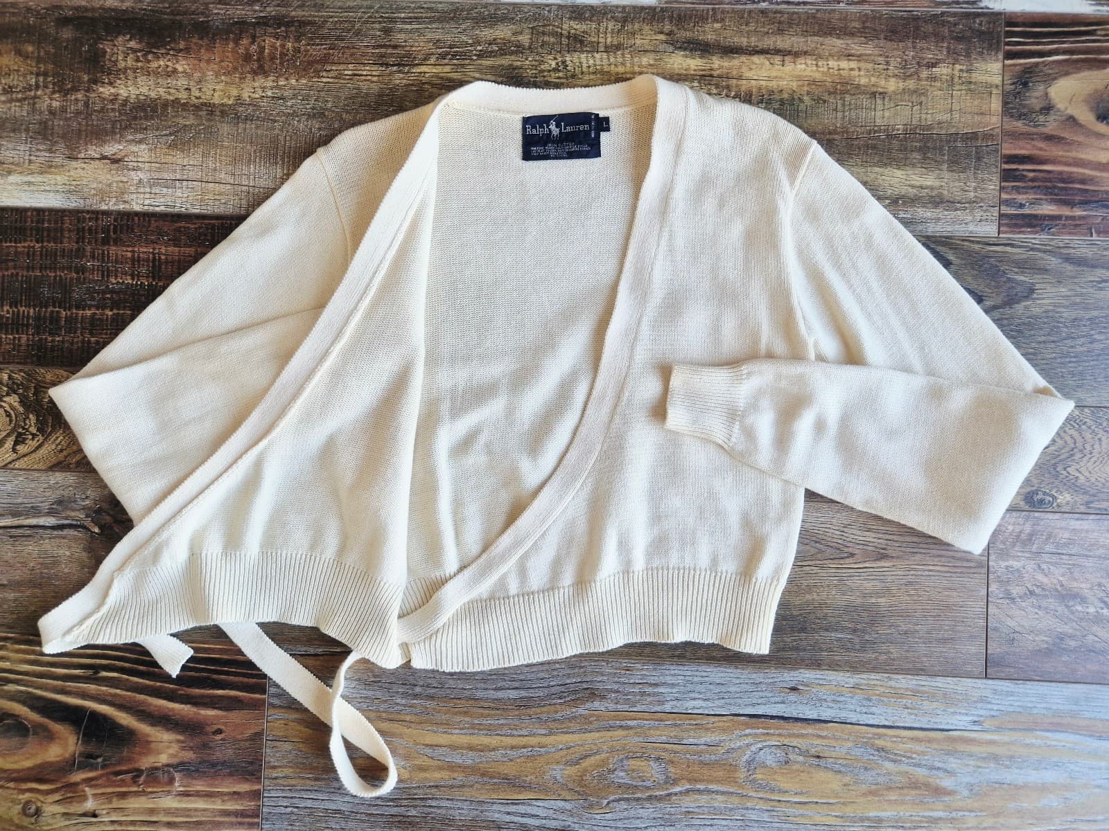 Vintage Ralph Lauren Blue Label Cream 100% Cotton Cropped Wrap Sweater Women's L - Thumbnail 4