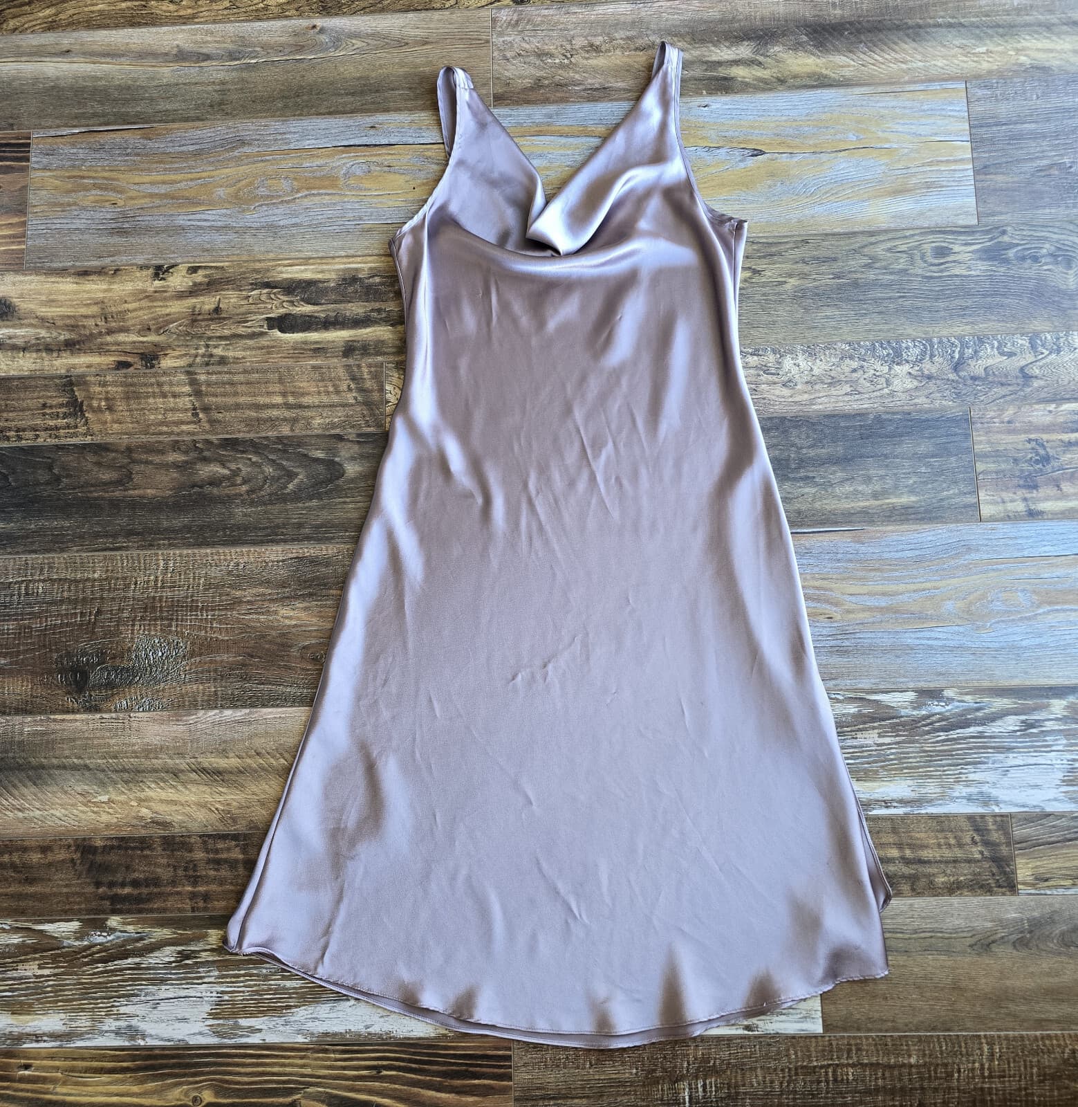 Private Luxuries Satin Draped Cowl Neck Midi Slip Night Dress Metallic Grey Sz.M - Thumbnail 5