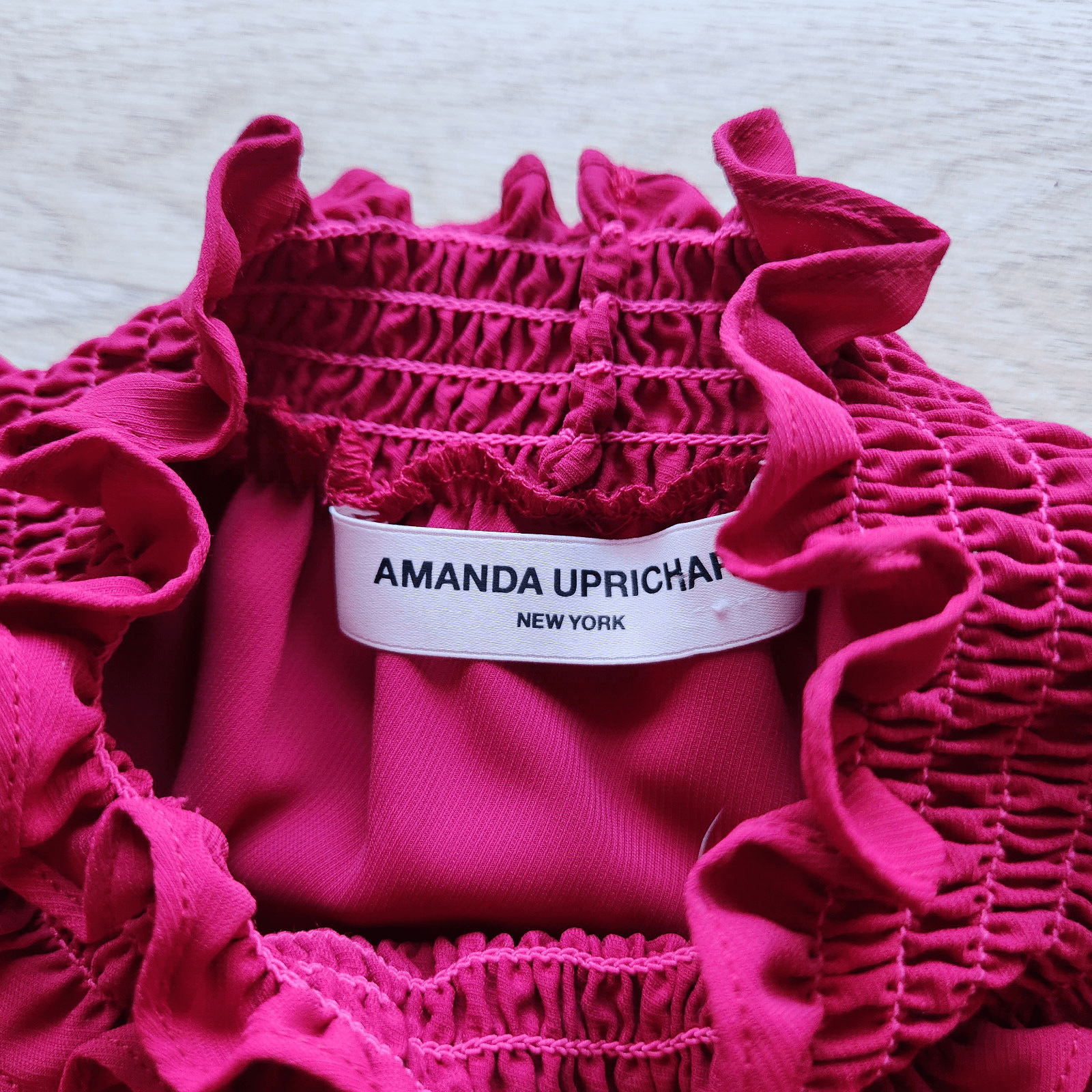 AMANDA UPRICHARD Smocked Waist Mini Dress Key-Hole Long Sleeve Chiffon Pink Sz.L - Thumbnail 8