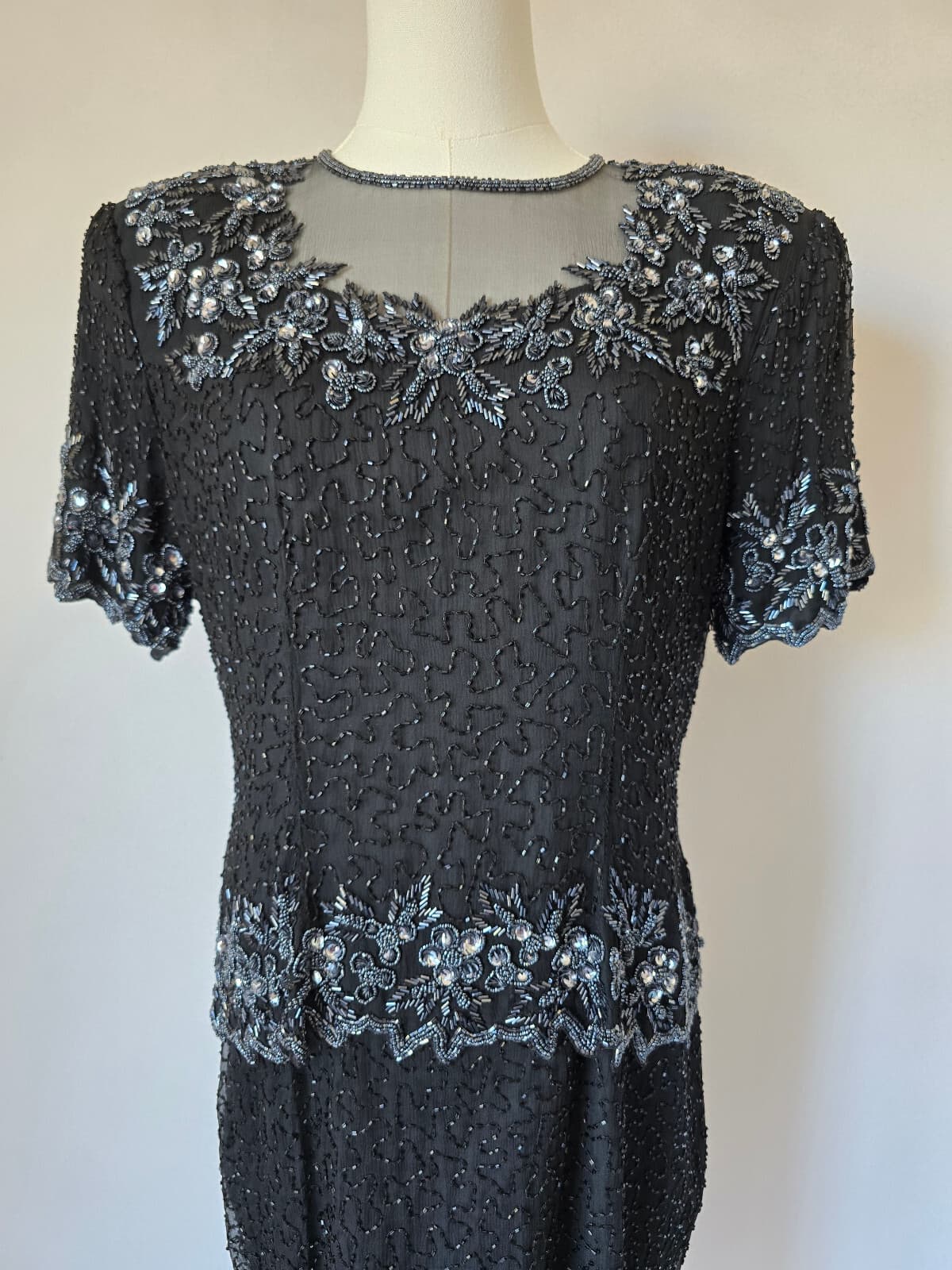 Vintage'80s Stenay Silk Beaded Evening Party Dress Short Sleeve Black Women's 12 - Thumbnail 3
