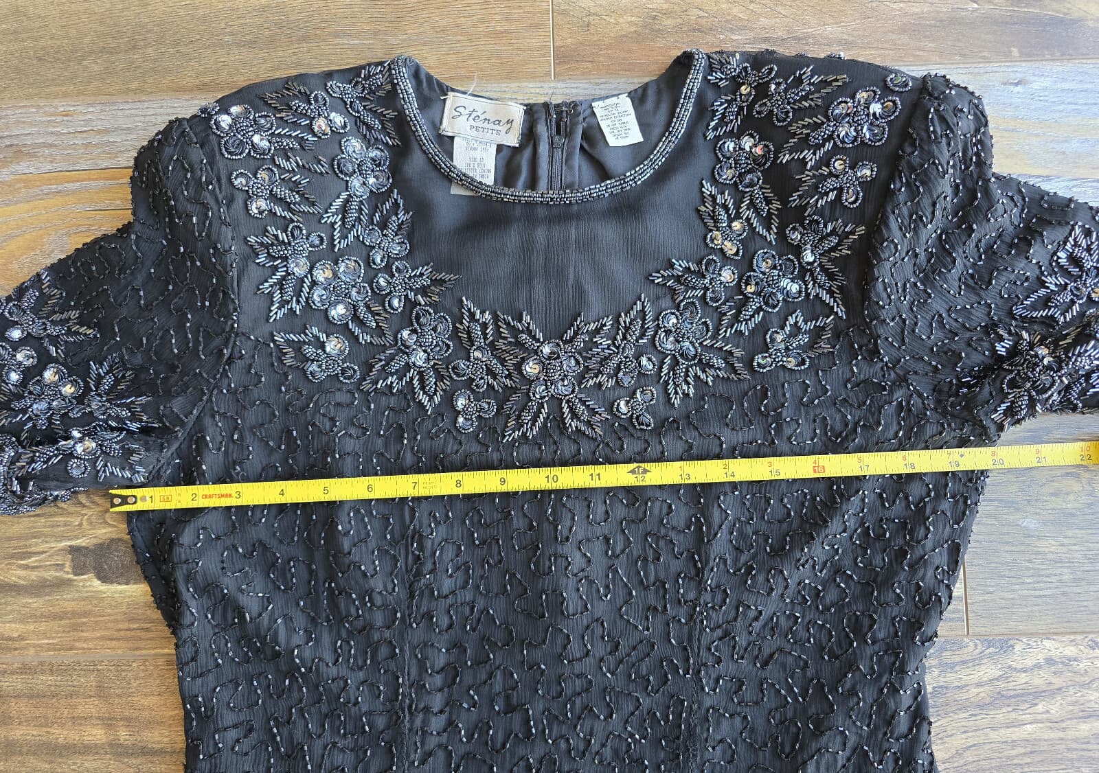 Vintage'80s Stenay Silk Beaded Evening Party Dress Short Sleeve Black Women's 12 - Thumbnail 13