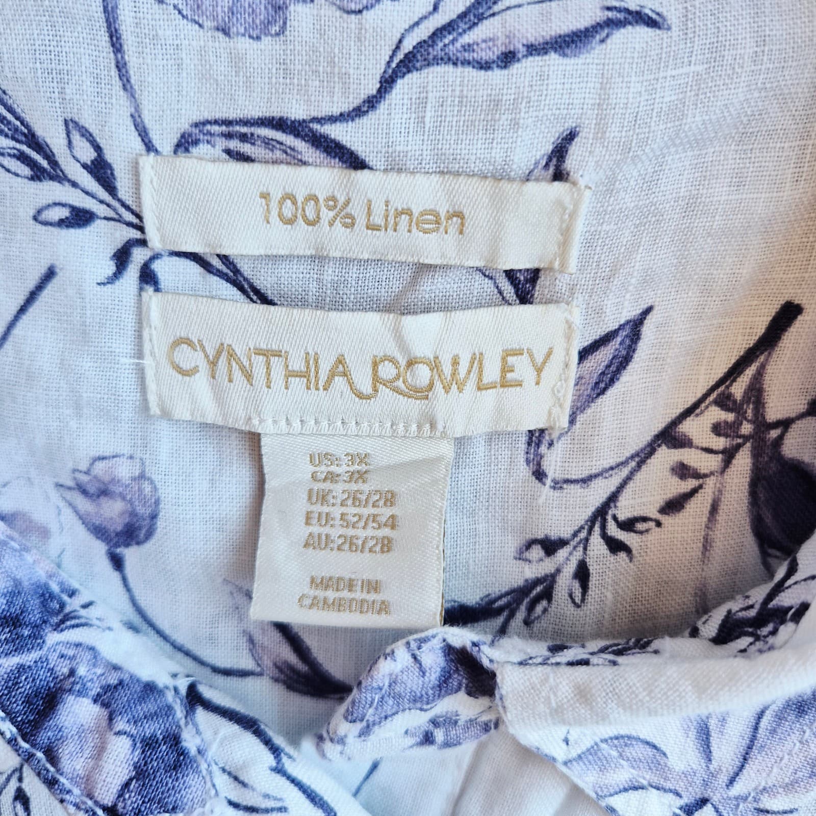 Cynthia Rowley Women 3X Linen Floral Popover Blouse Roll Tap Sleeve Purple White - Thumbnail 7