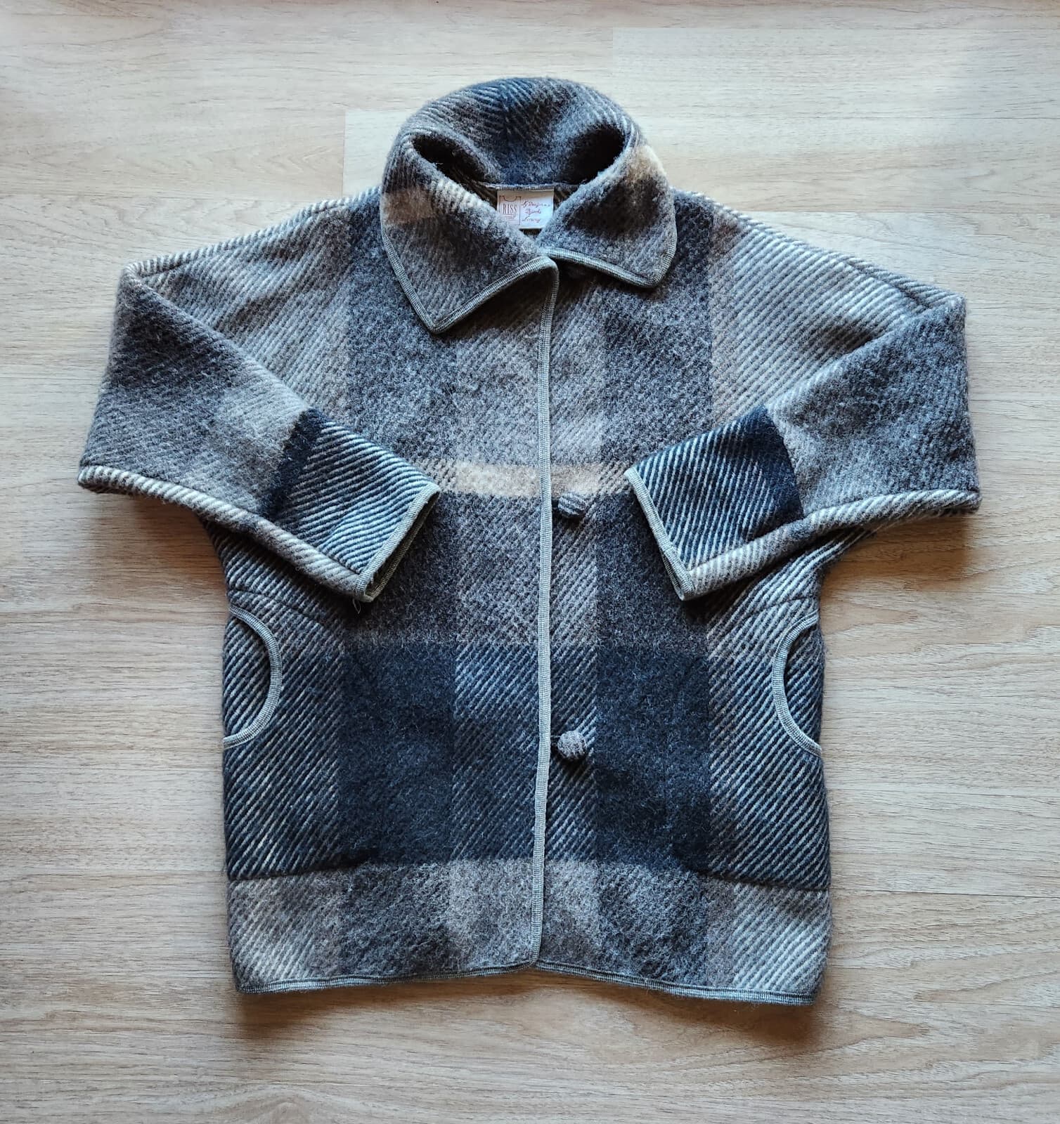 Vintage Riss Modell Norway Pure Wool Over Coat Jacket Pocket Grey Cream One Size - Thumbnail 3