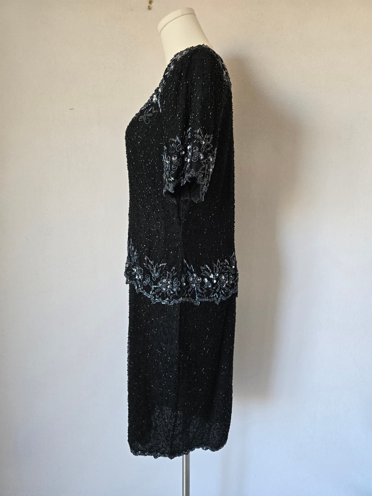 Vintage'80s Stenay Silk Beaded Evening Party Dress Short Sleeve Black Women's 12 - Thumbnail 8