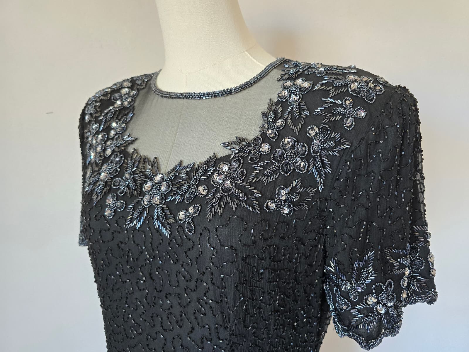 Vintage'80s Stenay Silk Beaded Evening Party Dress Short Sleeve Black Women's 12 - Thumbnail 7