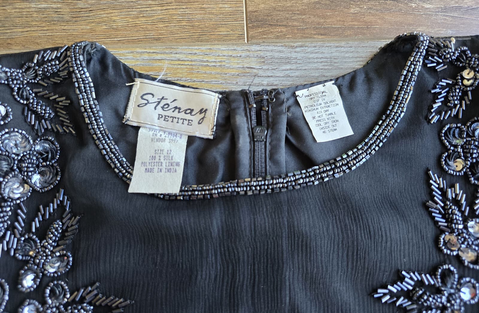 Vintage'80s Stenay Silk Beaded Evening Party Dress Short Sleeve Black Women's 12 - Thumbnail 10