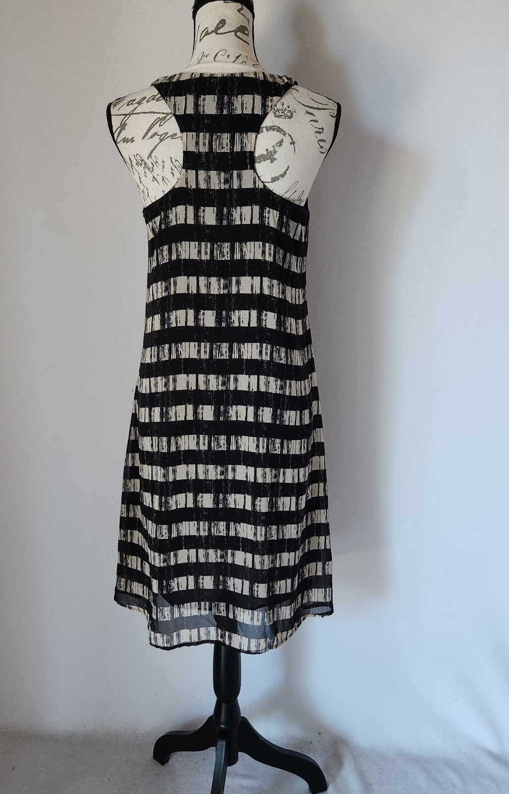 AQUA Beaded Striped Tunic Dress Sleeveless Chiffon Black Grey Sz.S Made in USA - Thumbnail 5
