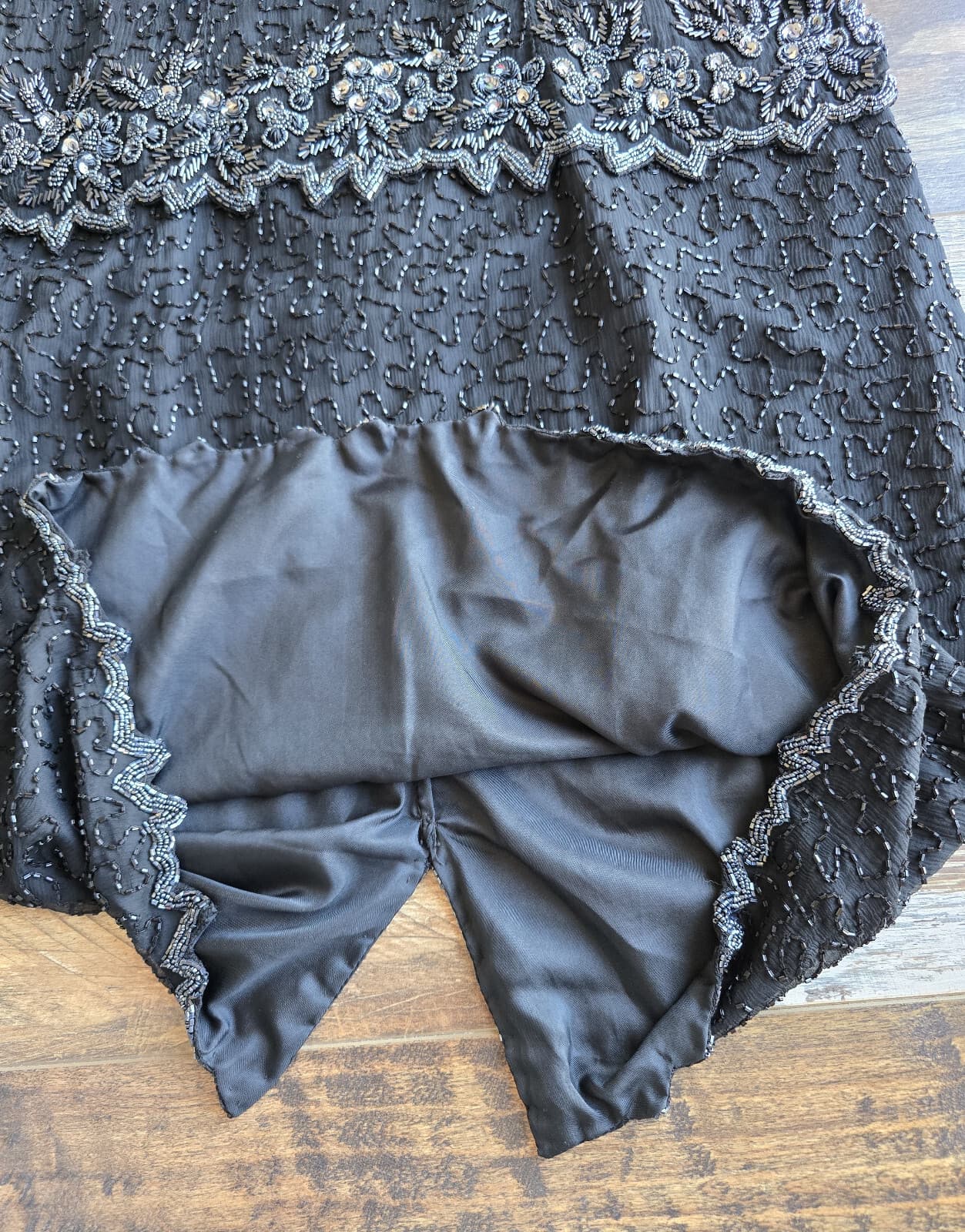 Vintage'80s Stenay Silk Beaded Evening Party Dress Short Sleeve Black Women's 12 - Thumbnail 12