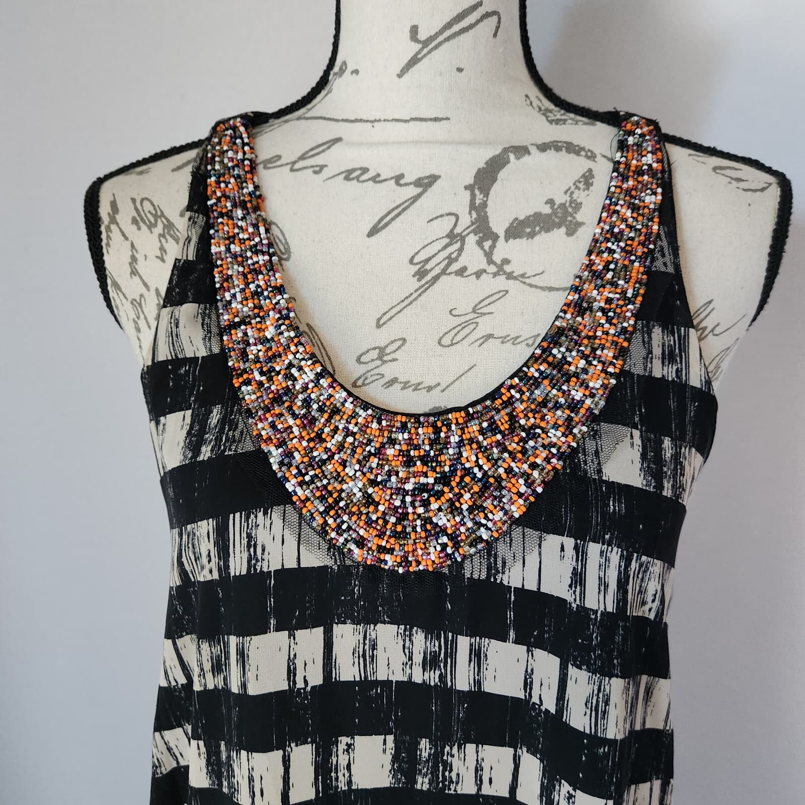 AQUA Beaded Striped Tunic Dress Sleeveless Chiffon Black Grey Sz.S Made in USA - Thumbnail 3
