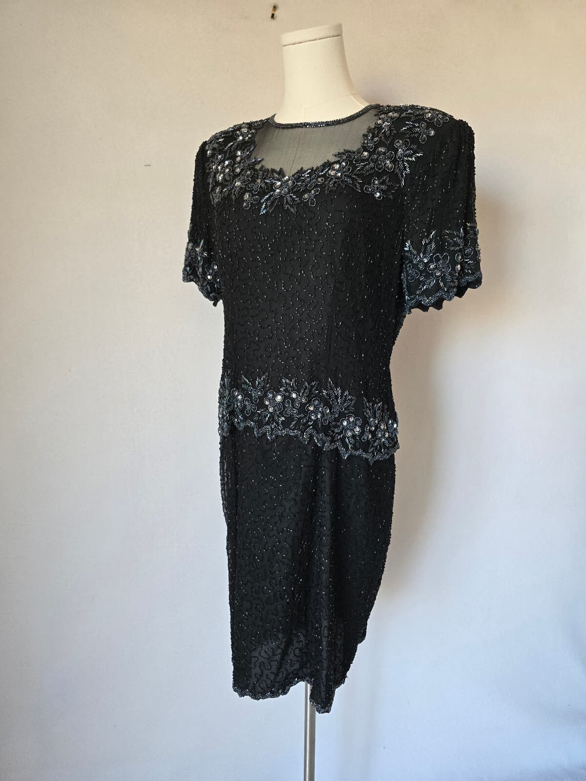 Vintage'80s Stenay Silk Beaded Evening Party Dress Short Sleeve Black Women's 12 - Thumbnail 4