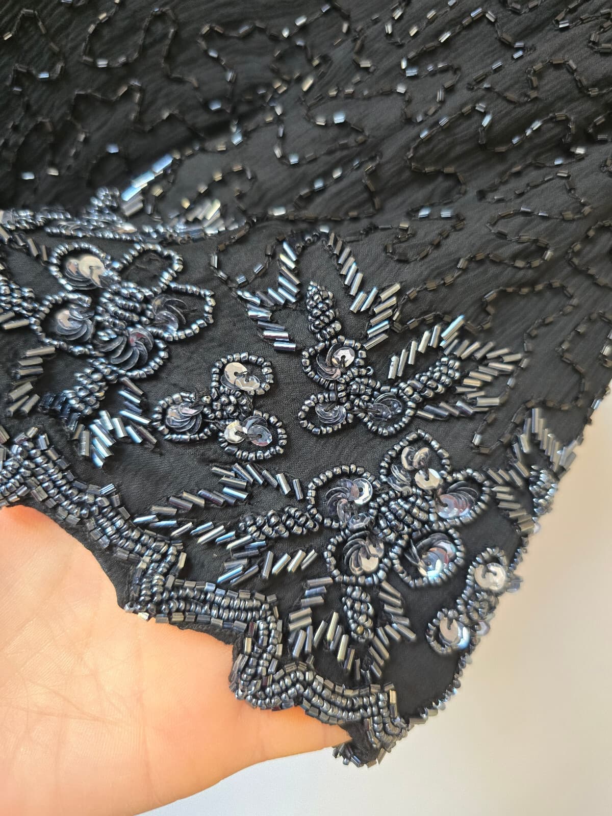 Vintage'80s Stenay Silk Beaded Evening Party Dress Short Sleeve Black Women's 12 - Thumbnail 5