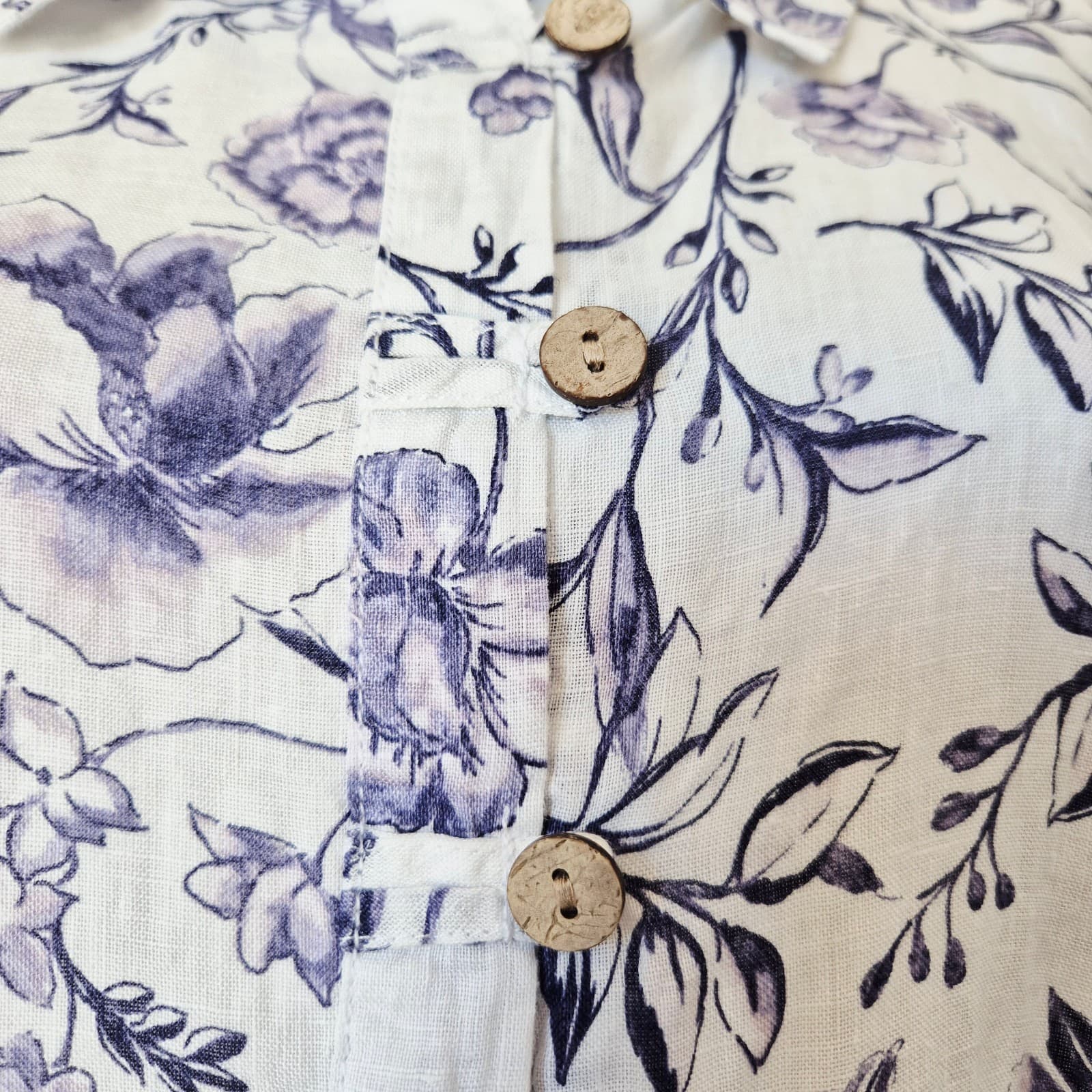 Cynthia Rowley Women 3X Linen Floral Popover Blouse Roll Tap Sleeve Purple White - Thumbnail 4