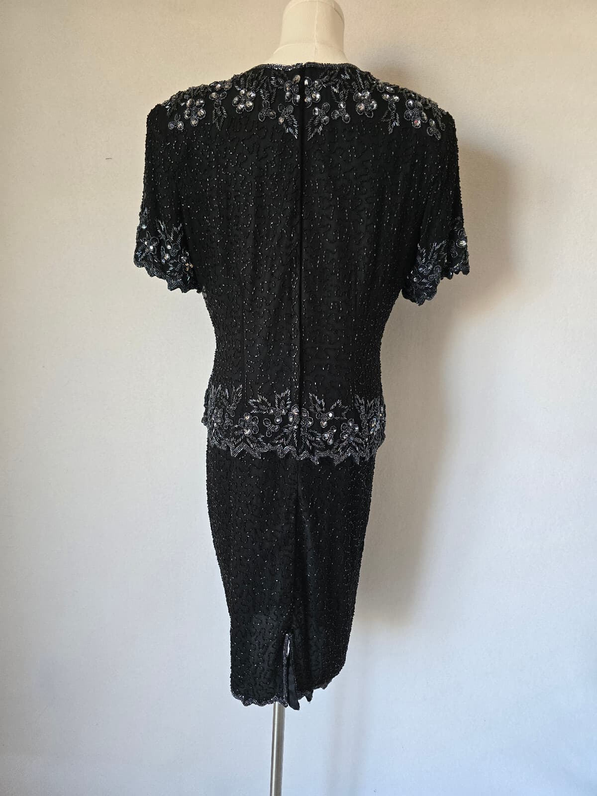 Vintage'80s Stenay Silk Beaded Evening Party Dress Short Sleeve Black Women's 12 - Thumbnail 9