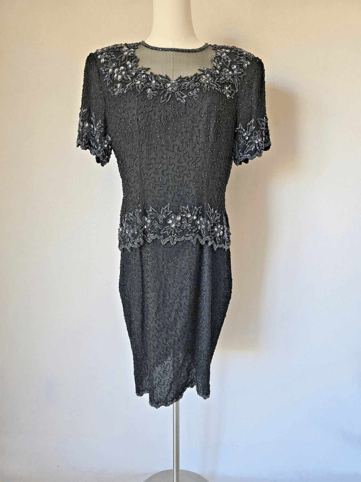 Vintage'80s Stenay Silk Beaded Evening Party Dress Short Sleeve Black Women's 12 - Thumbnail 2