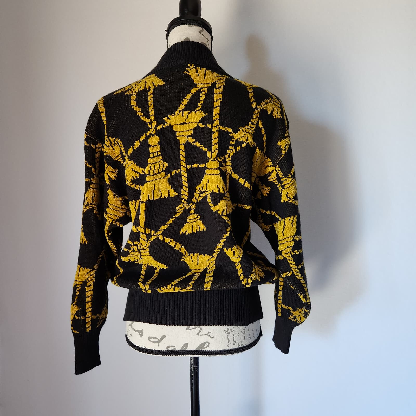 Vintage'80s Mondi W-Germany Wool Blend Tassel Sweater Velvet-Yellow Black Sz.36 - Thumbnail 5