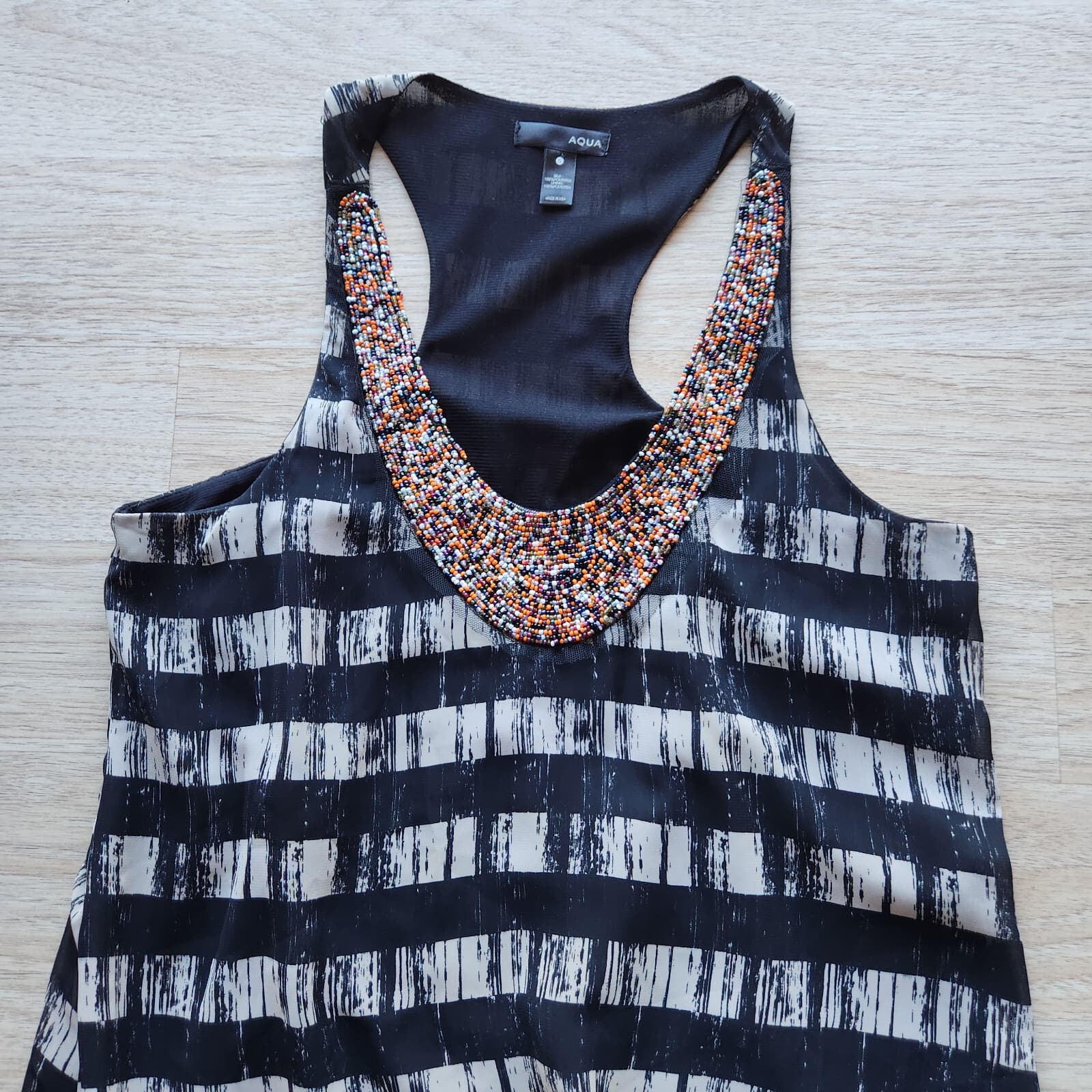 AQUA Beaded Striped Tunic Dress Sleeveless Chiffon Black Grey Sz.S Made in USA - Thumbnail 7