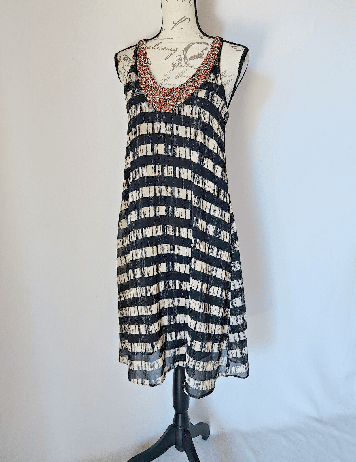 AQUA Beaded Striped Tunic Dress Sleeveless Chiffon Black Grey Sz.S Made in USA