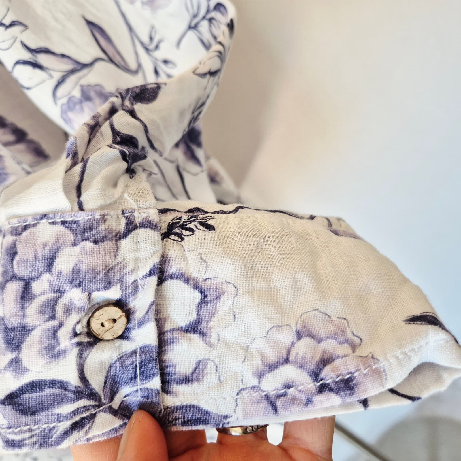 Cynthia Rowley Women 3X Linen Floral Popover Blouse Roll Tap Sleeve Purple White - Thumbnail 5