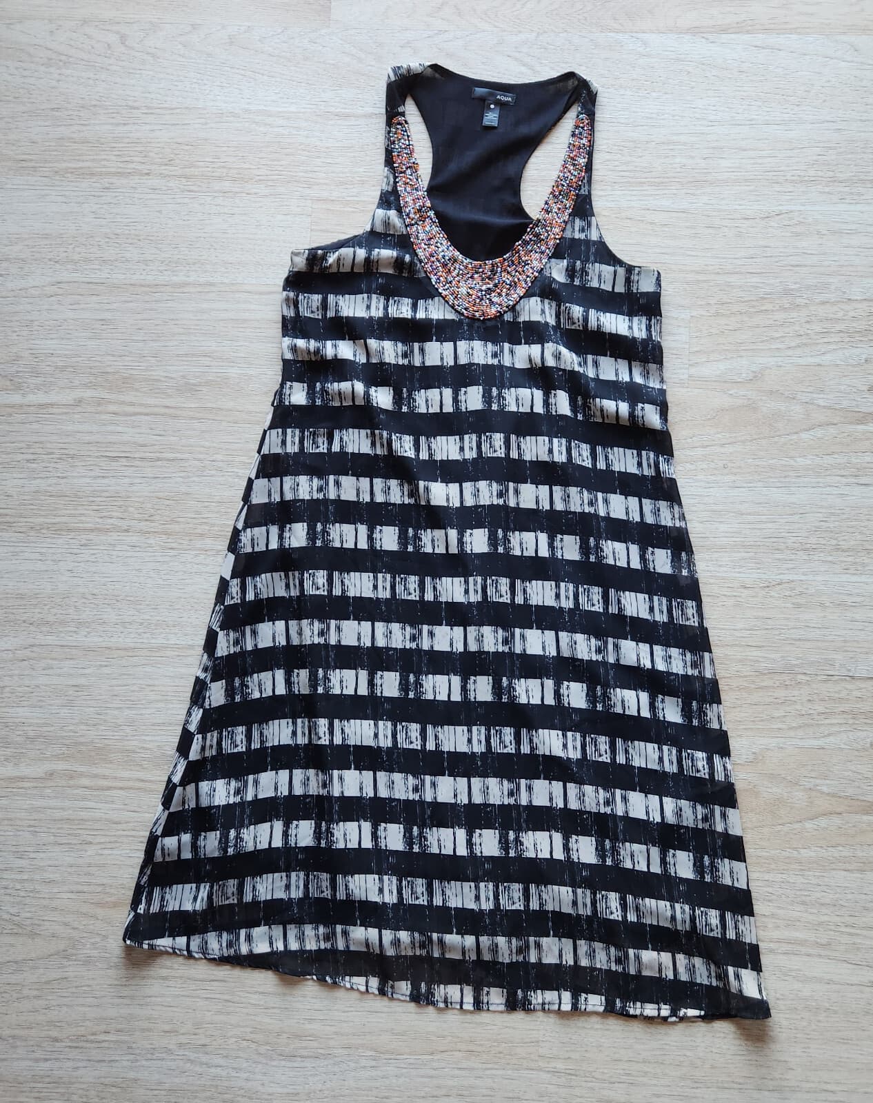 AQUA Beaded Striped Tunic Dress Sleeveless Chiffon Black Grey Sz.S Made in USA - Thumbnail 6
