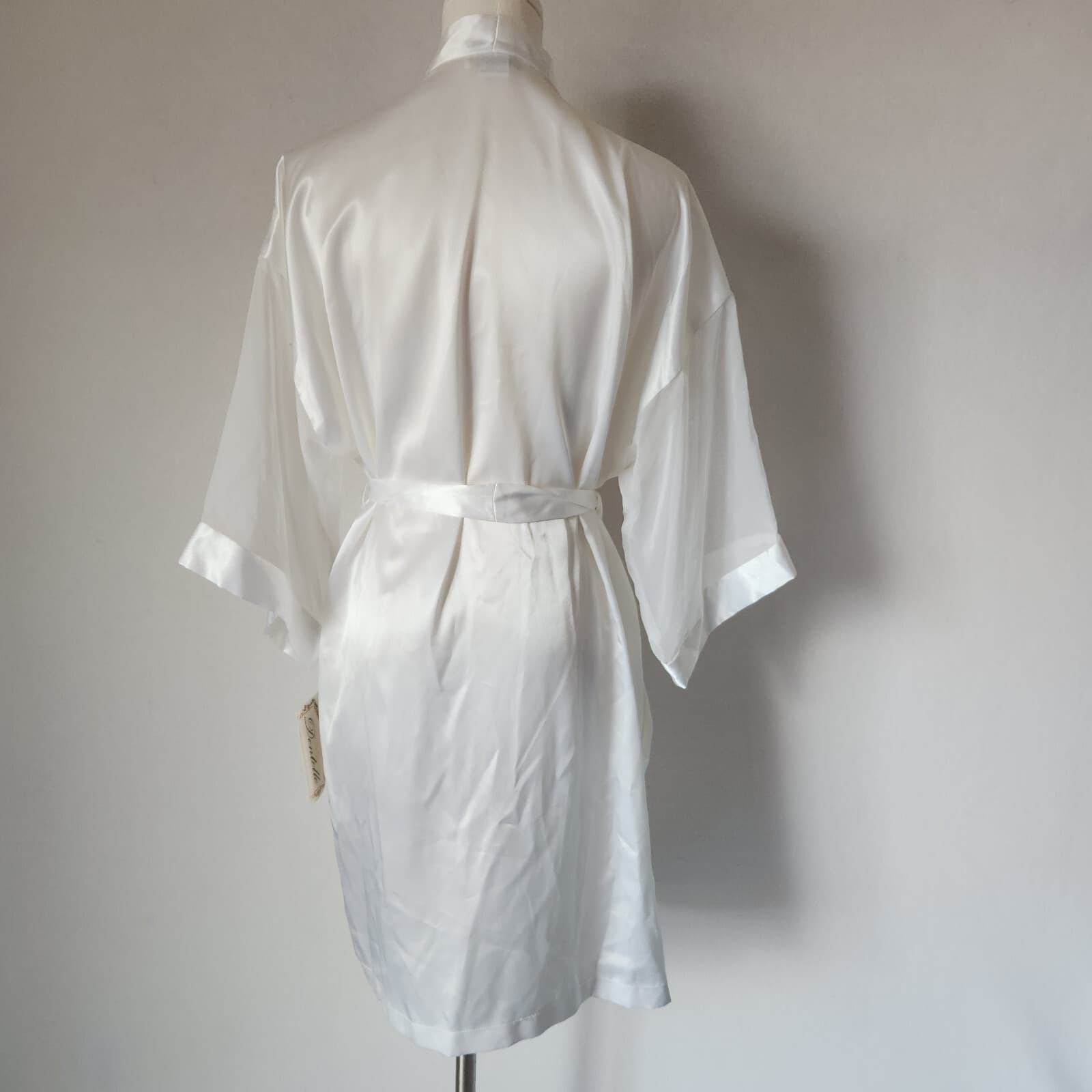 Vintage New Dentelle Lace Beaded Embellished Satin Kimono Robe Belt White Sz.M - Thumbnail 6