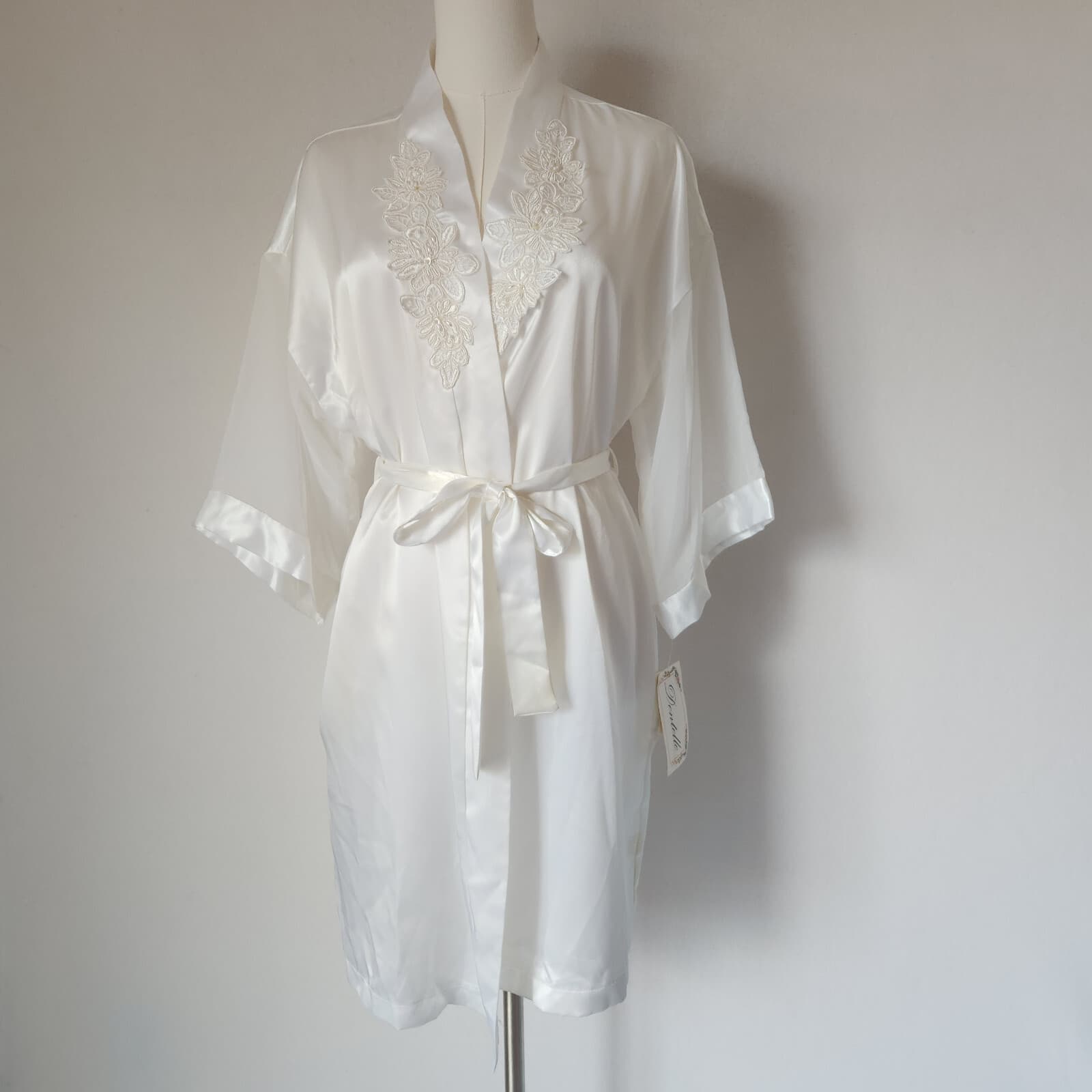 Vintage New Dentelle Lace Beaded Embellished Satin Kimono Robe Belt White Sz.M - Thumbnail 2