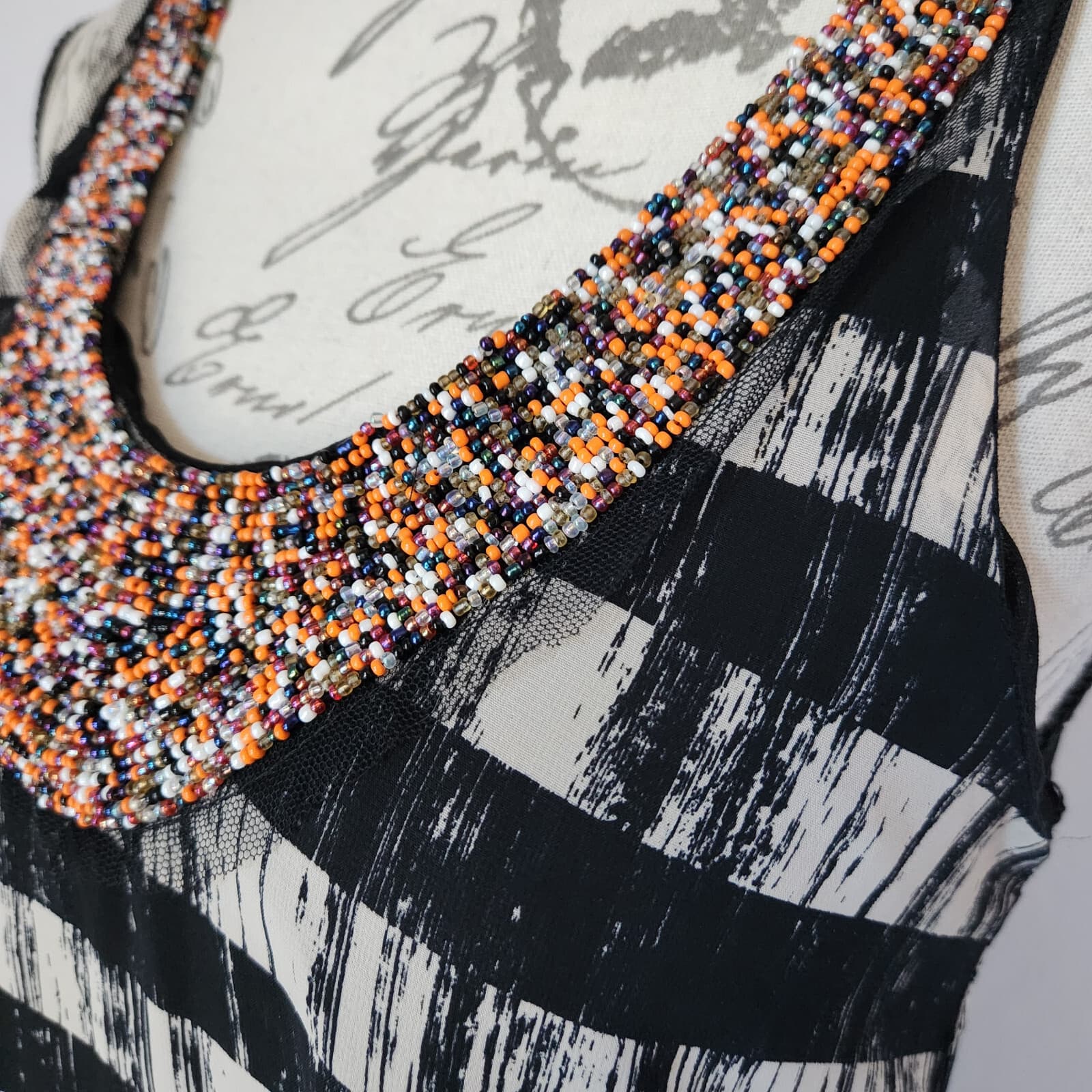 AQUA Beaded Striped Tunic Dress Sleeveless Chiffon Black Grey Sz.S Made in USA - Thumbnail 4