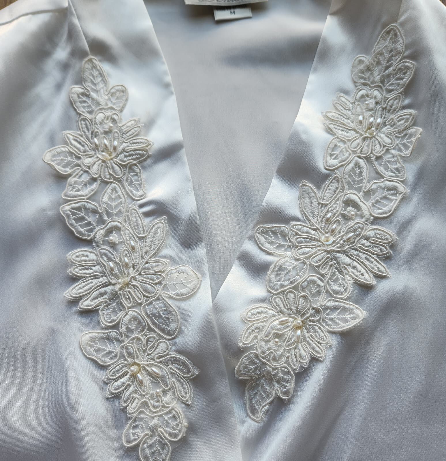 Vintage New Dentelle Lace Beaded Embellished Satin Kimono Robe Belt White Sz.M - Thumbnail 8