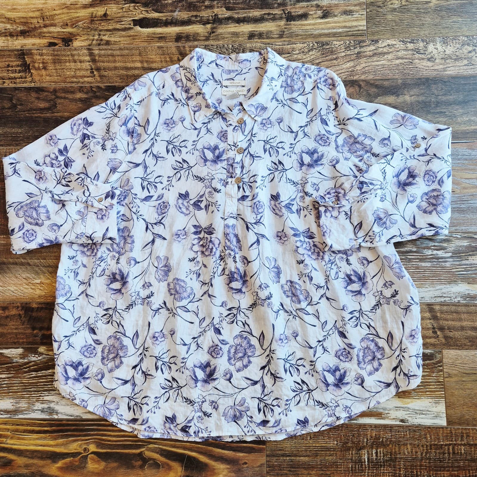 Cynthia Rowley Women 3X Linen Floral Popover Blouse Roll Tap Sleeve Purple White - Thumbnail 3