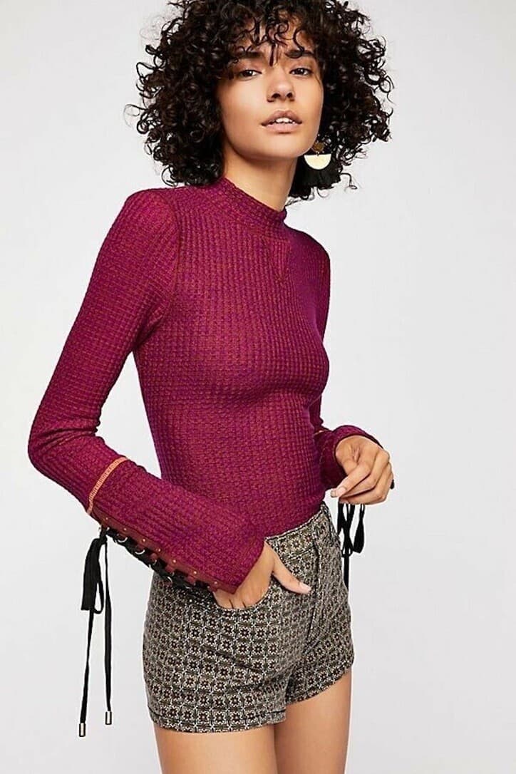 Free People Size L Mountaineer Cuff Thermal Mock Neck Top Long Sleeve Red-Wine - Thumbnail 4