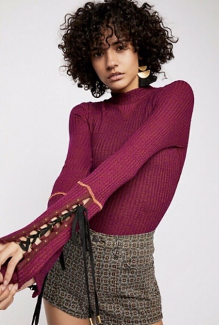 Free People Size L Mountaineer Cuff Thermal Mock Neck Top Long Sleeve Red-Wine - Thumbnail 2