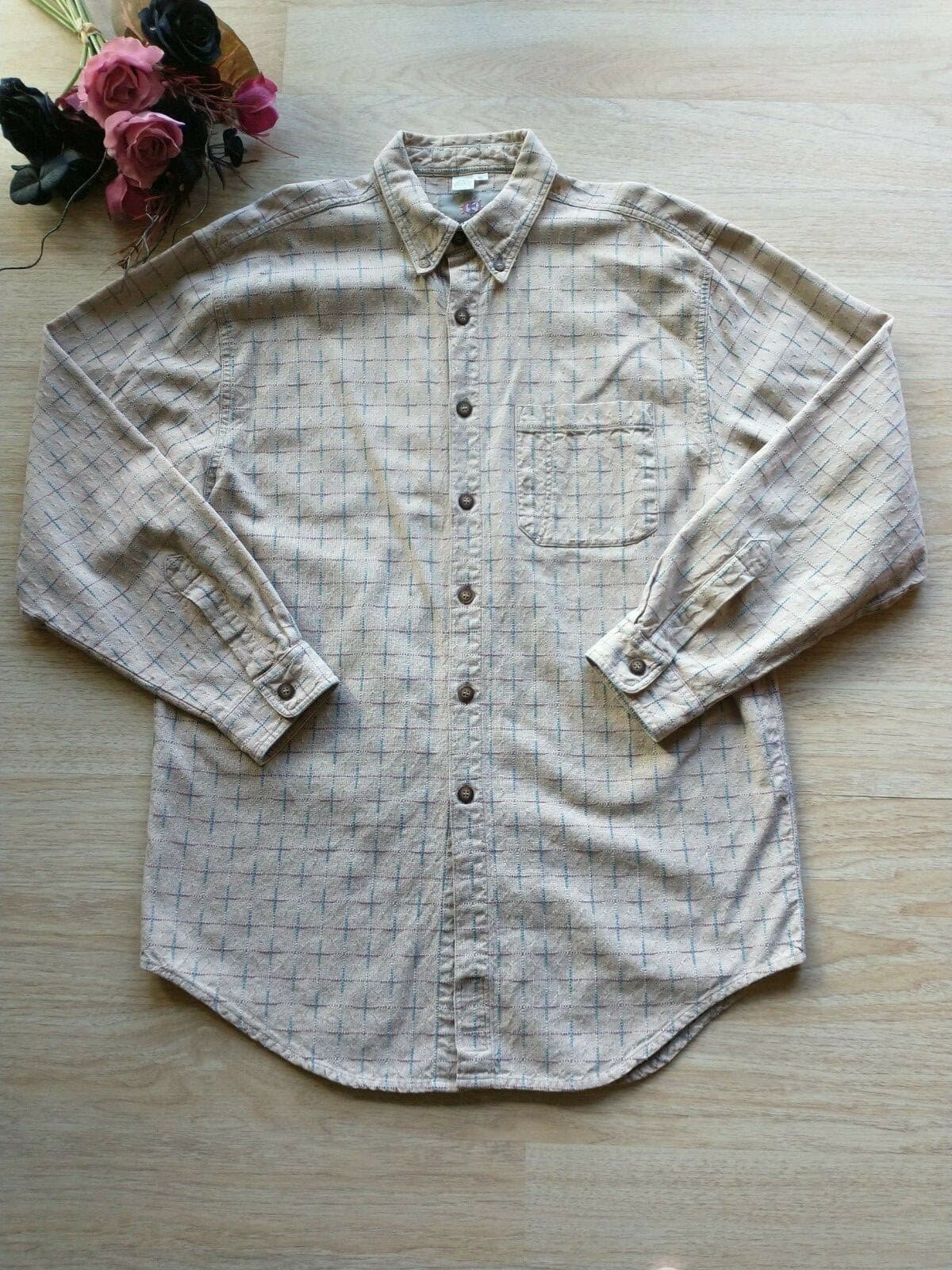 The Territory Ahead Men Cotton Shirt Button-down Long Sleeve Check Cream Sz.XL