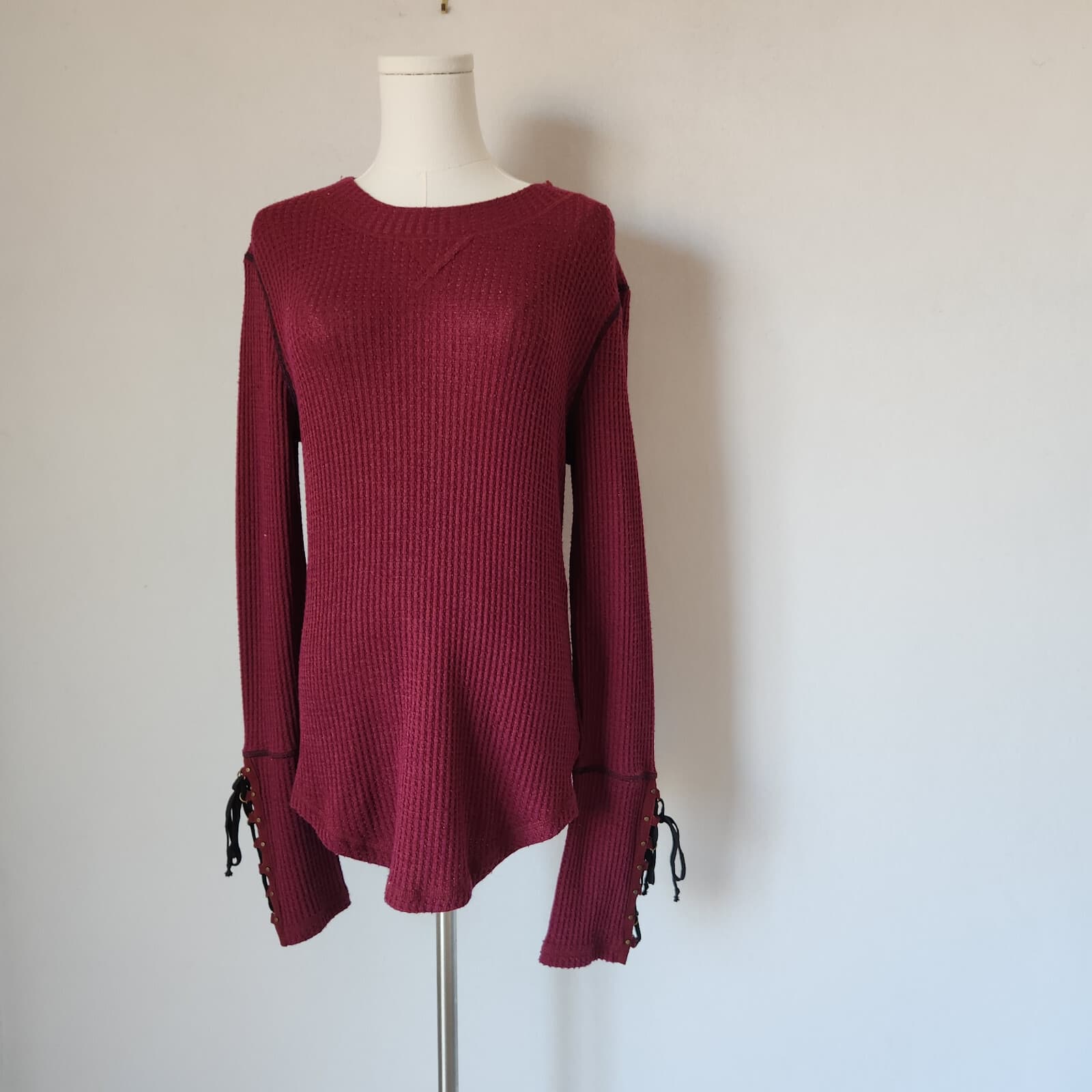 Free People Size L Mountaineer Cuff Thermal Mock Neck Top Long Sleeve Red-Wine - Thumbnail 3