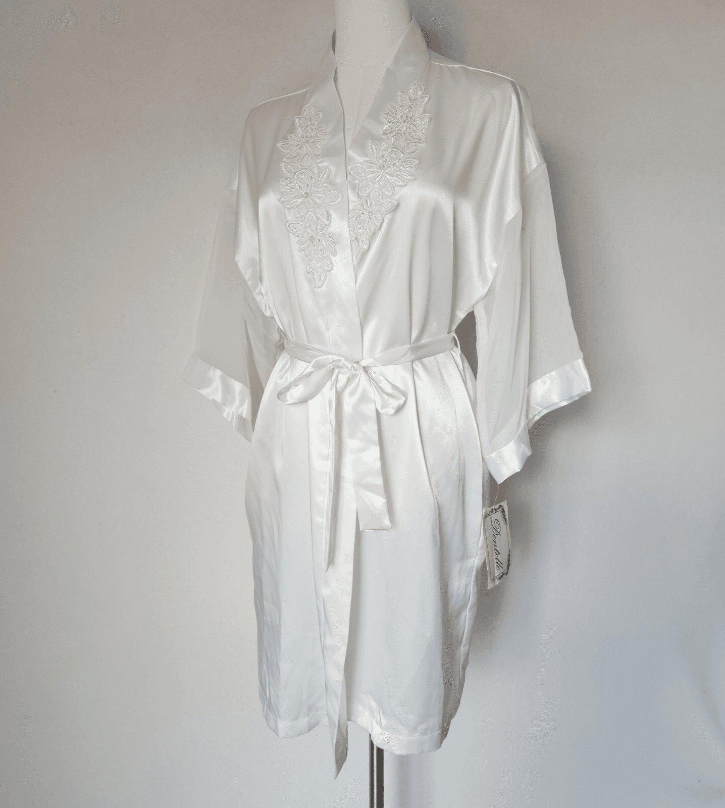Vintage New Dentelle Lace Beaded Embellished Satin Kimono Robe Belt White Sz.M