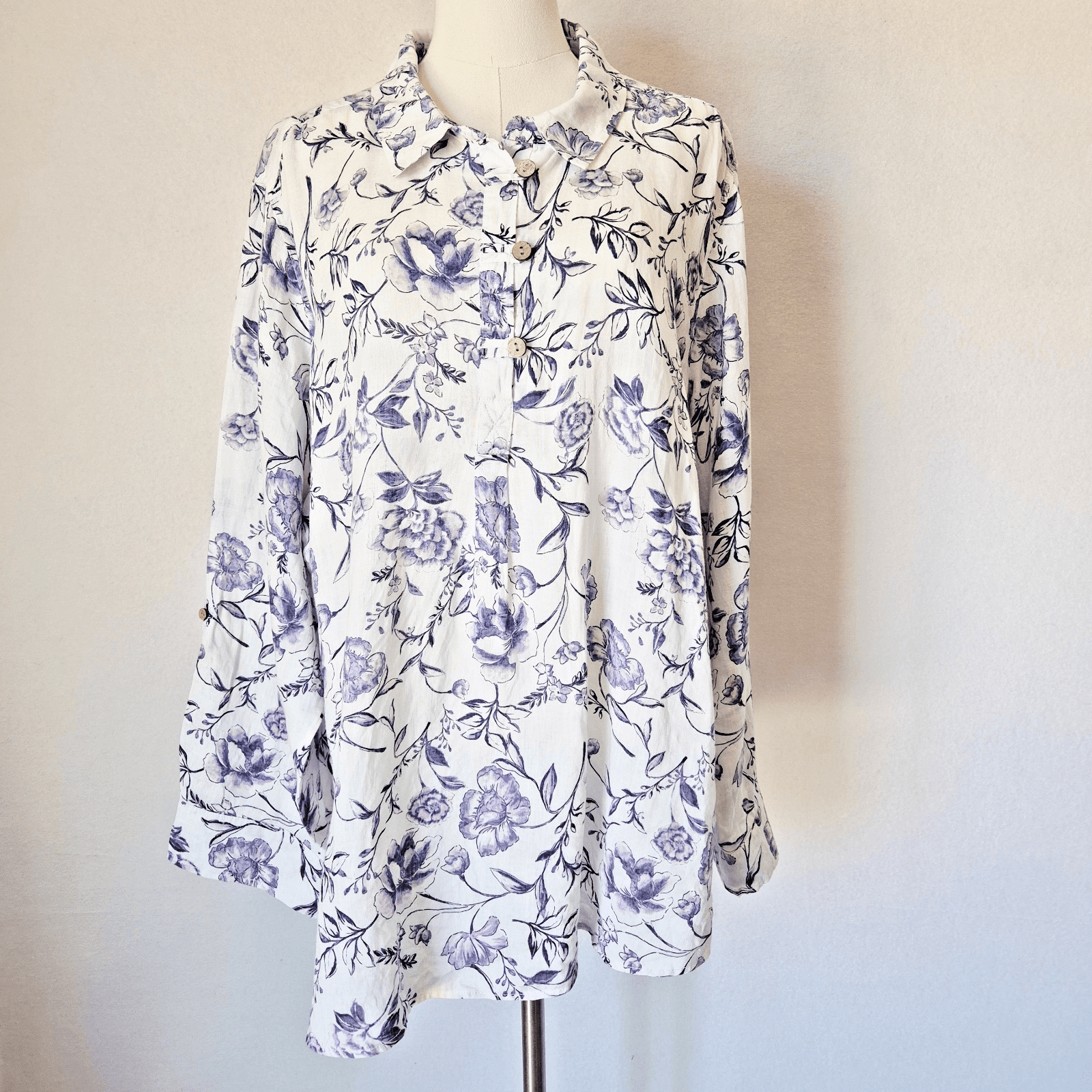 Cynthia Rowley Women 3X Linen Floral Popover Blouse Roll Tap Sleeve Purple White - Thumbnail 2