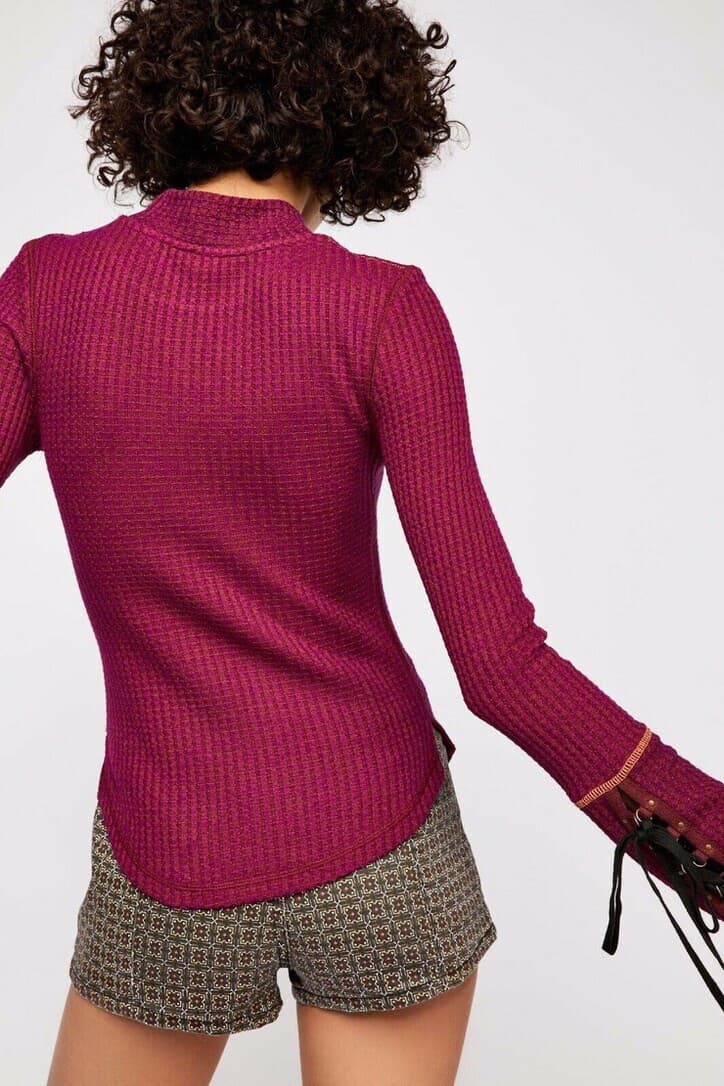 Free People Size L Mountaineer Cuff Thermal Mock Neck Top Long Sleeve Red-Wine - Thumbnail 8
