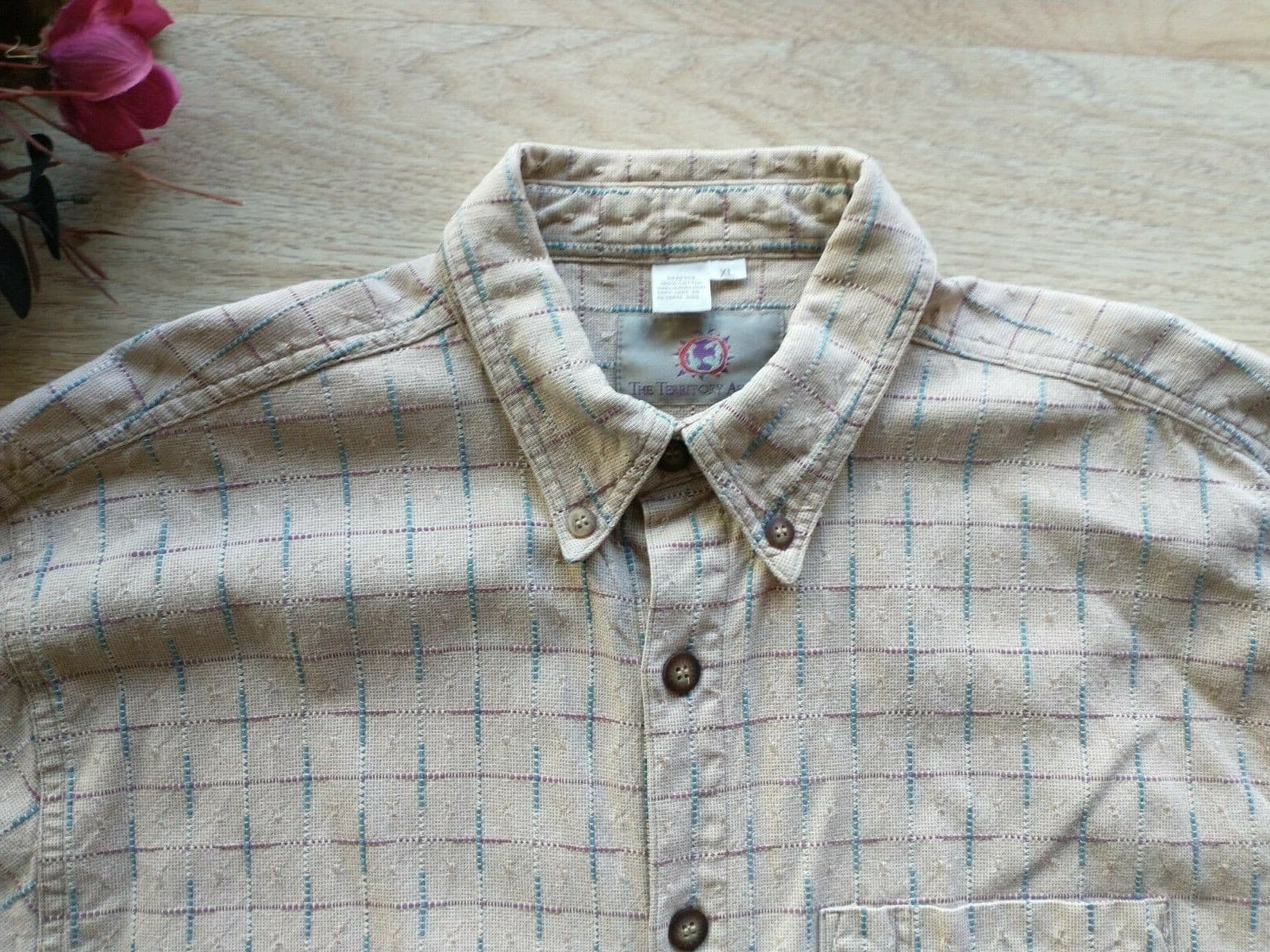 The Territory Ahead Men Cotton Shirt Button-down Long Sleeve Check Cream Sz.XL - Thumbnail 2
