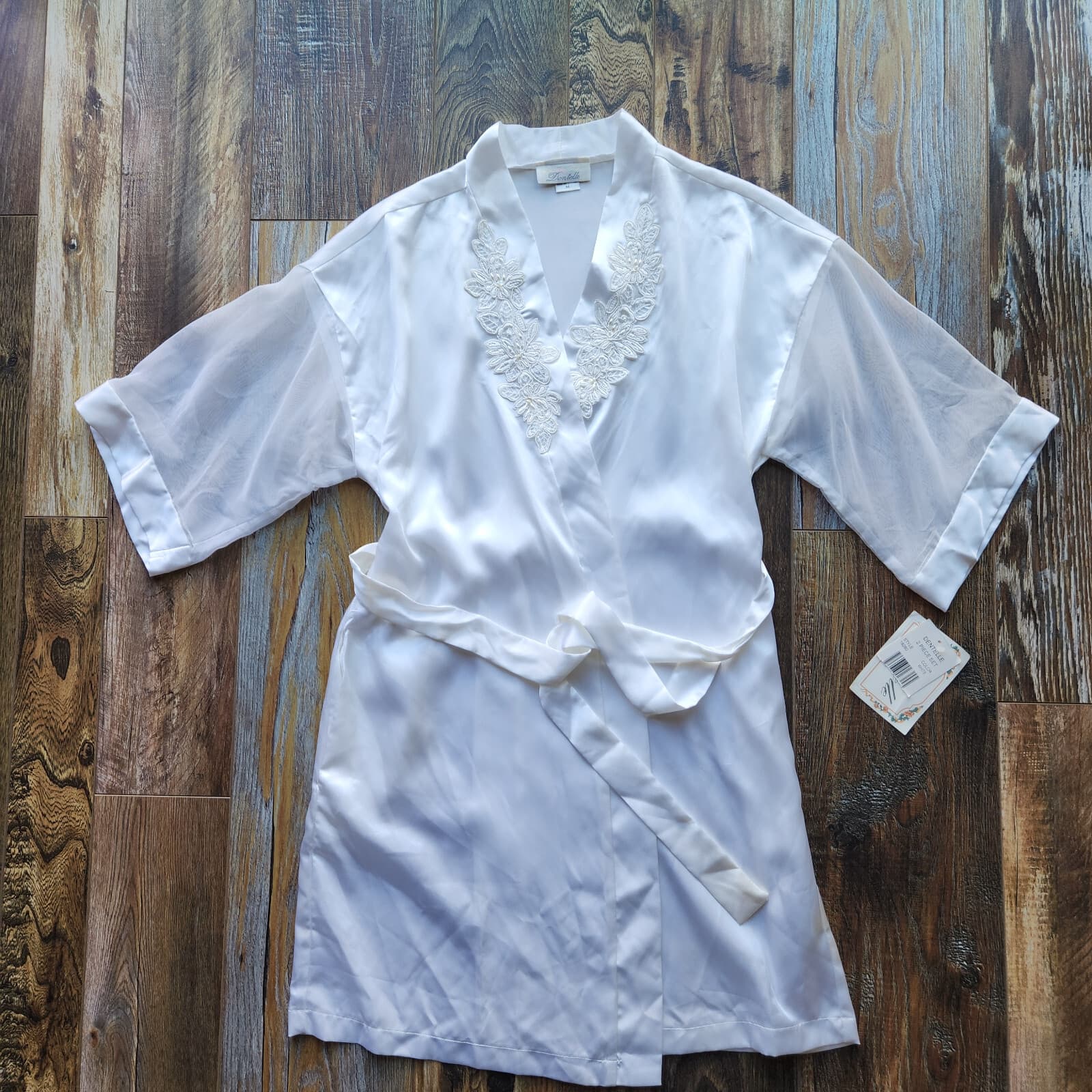 Vintage New Dentelle Lace Beaded Embellished Satin Kimono Robe Belt White Sz.M - Thumbnail 7