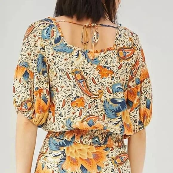 Farm Rio Anthropologie Bambina Floral Smock Waist Cropped Top Square Neck Sz.S - Thumbnail 6